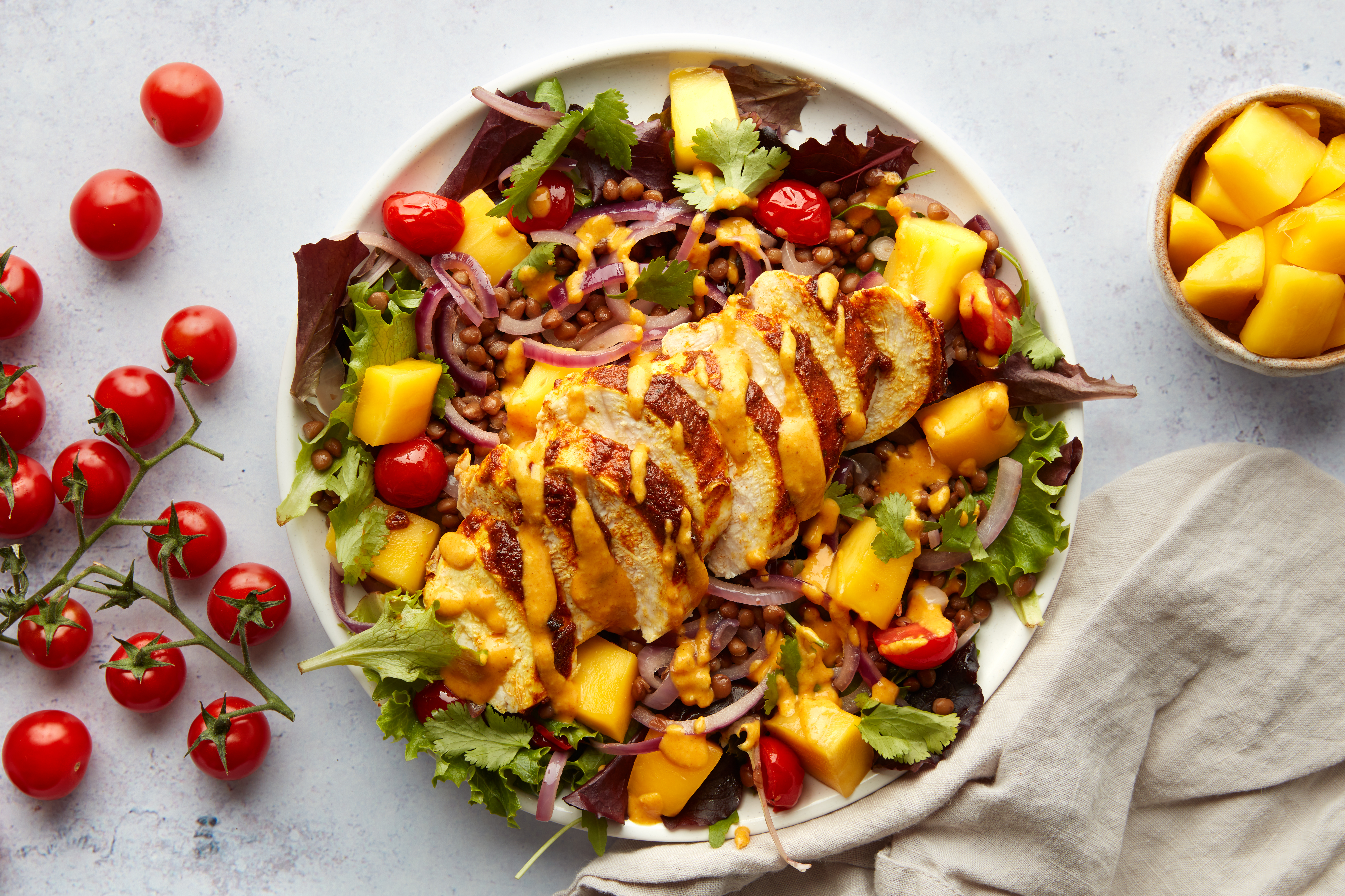 Chicken Salad with Mango, Lentils & Tikka Drizzle