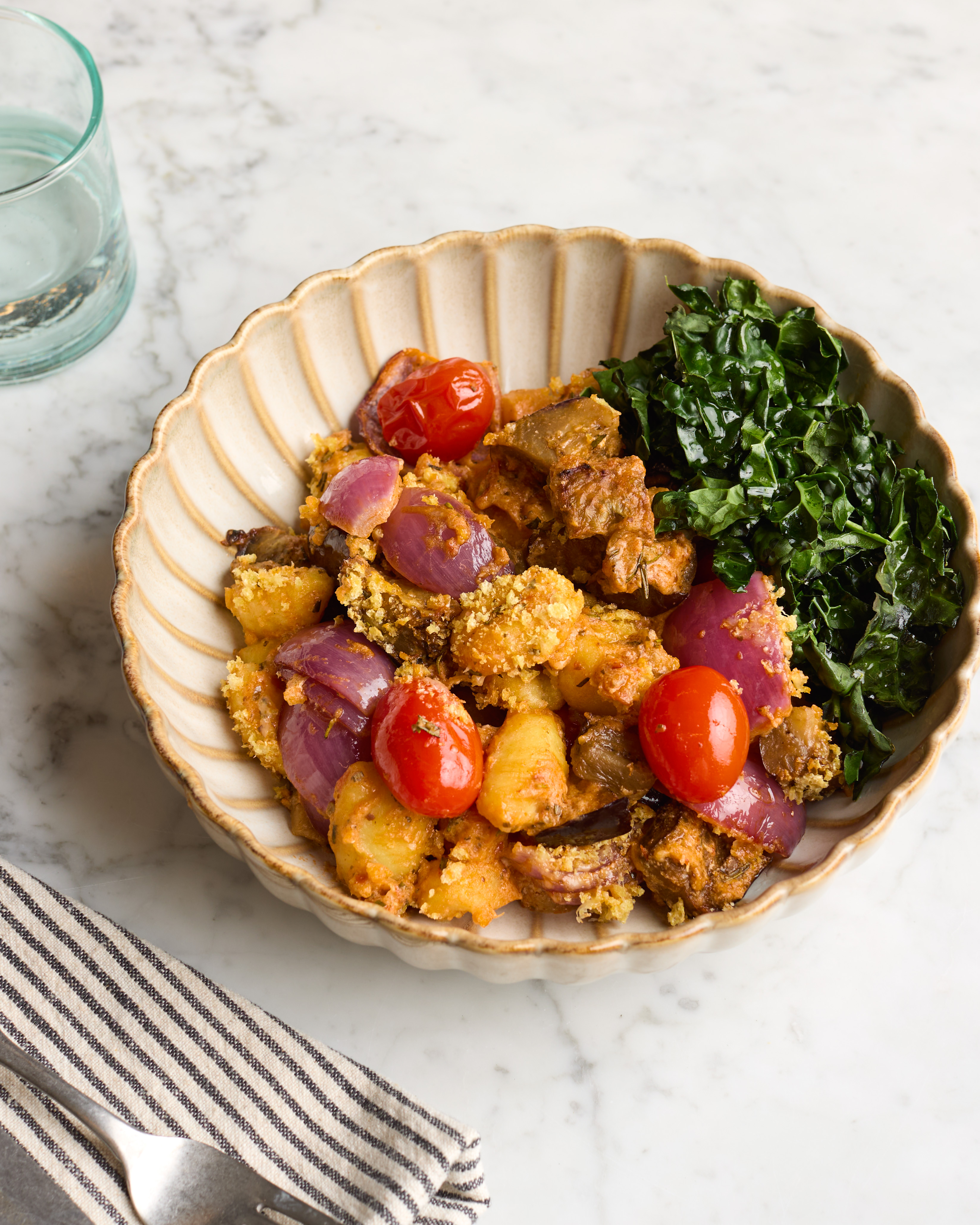 Aubergine Gnocchi Bake with Cavolo Nero & Cheddar Crumb