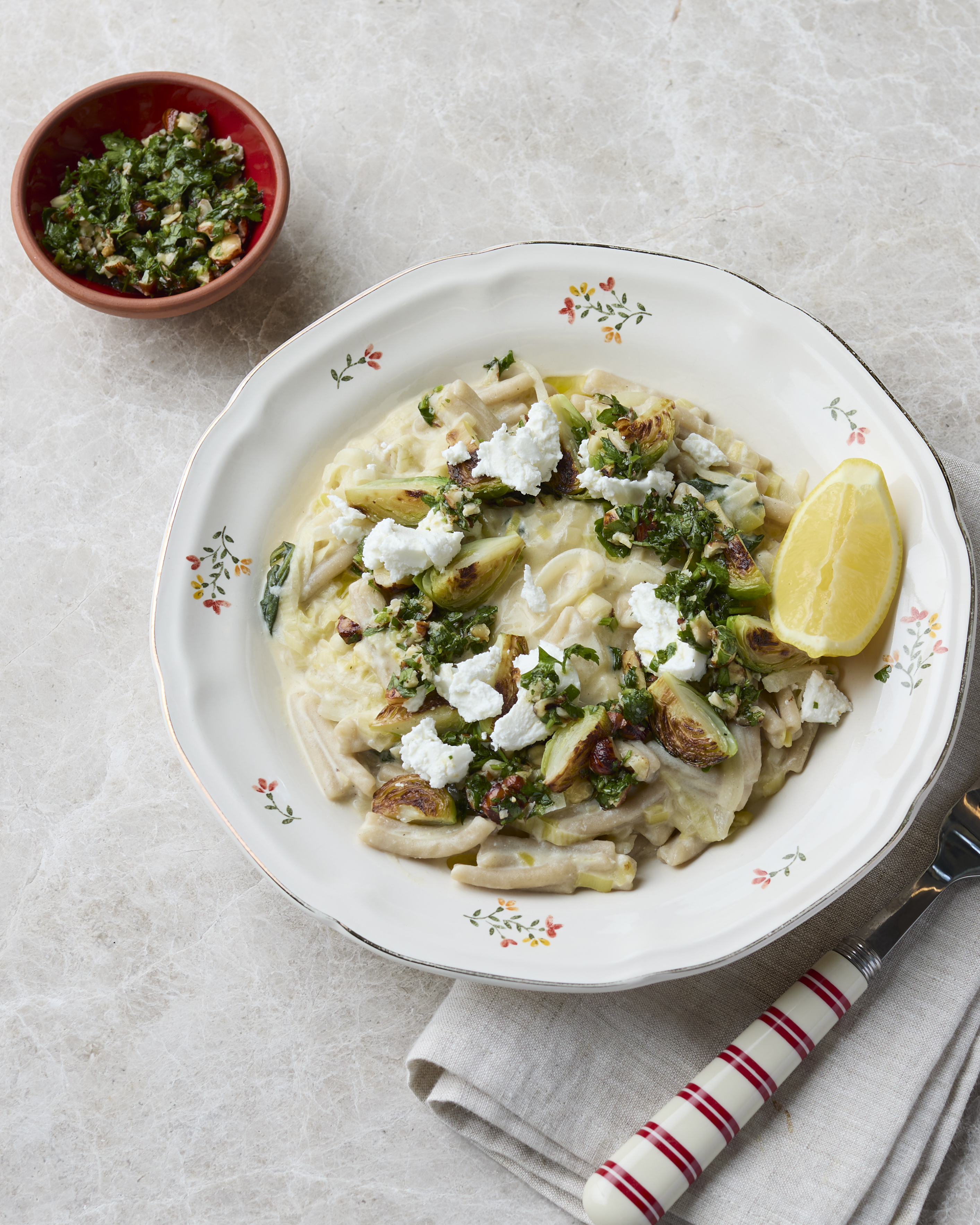 Creamy Goat's Cheese Pasta with Brown Rice Casarecce, Charred Brussels Sprouts & Hazelnut Pesto