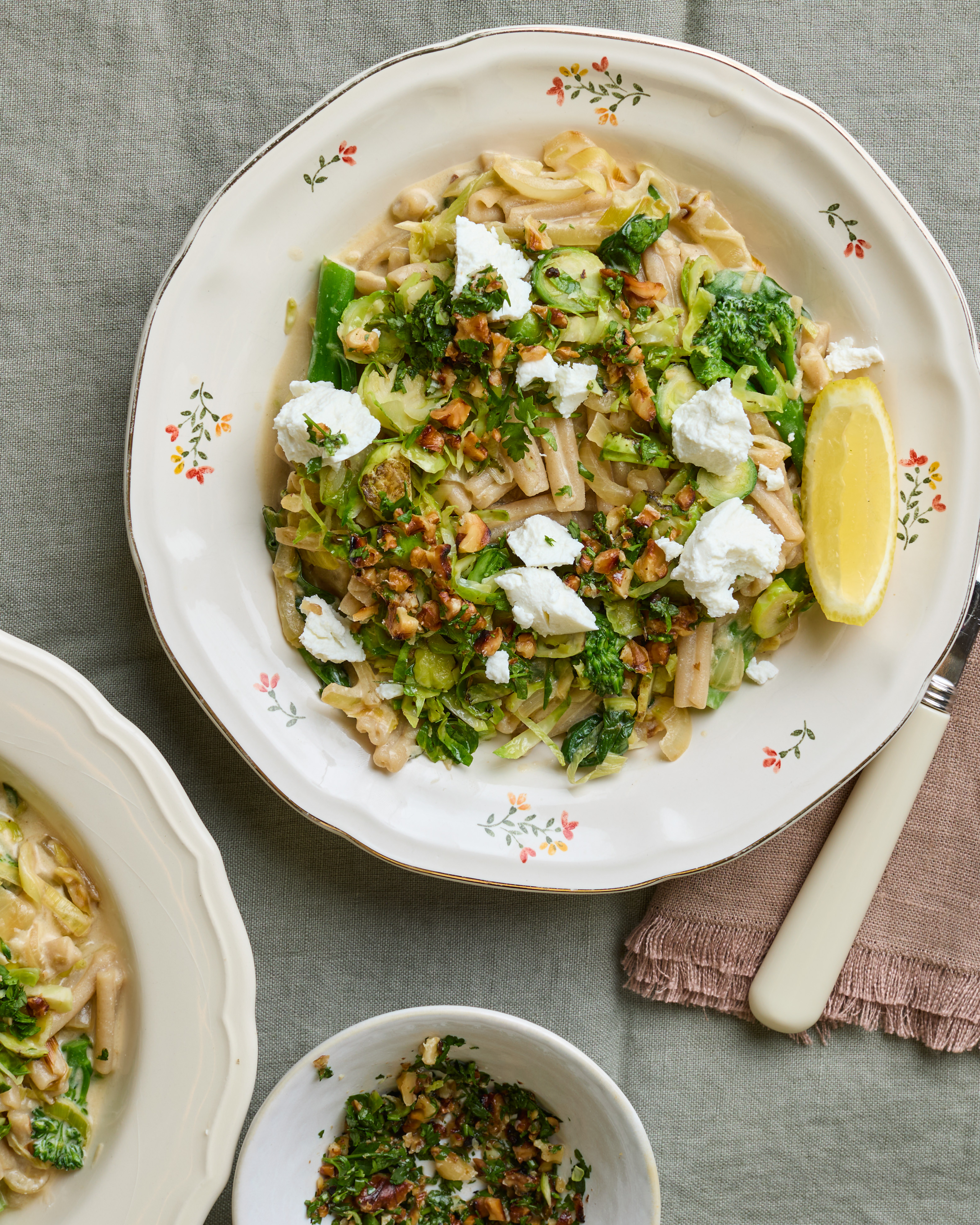 Creamy Goat's Cheese Pasta with Brown Rice Casarecce, Charred Brussels Sprouts & Hazelnut Pesto