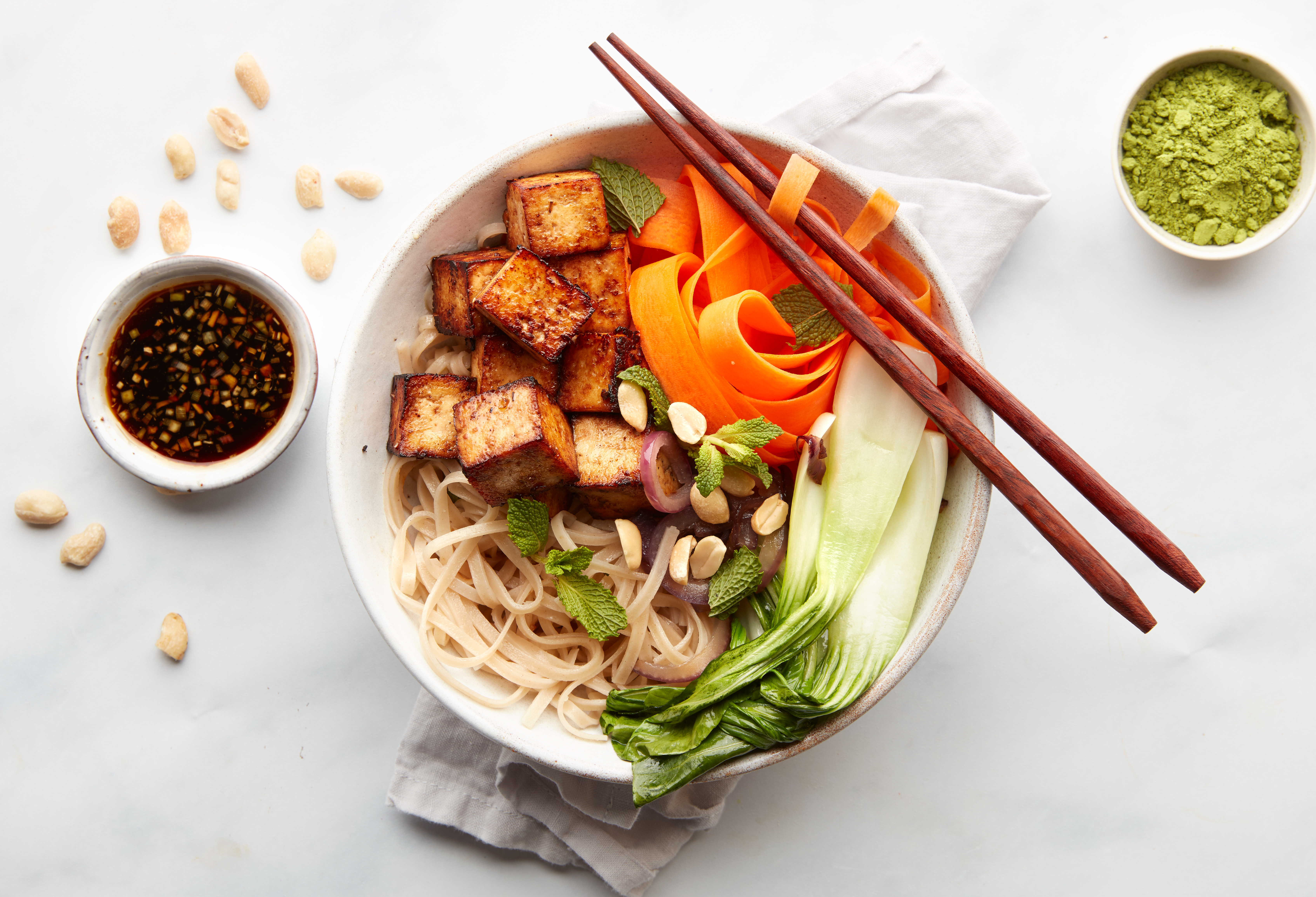 Lemongrass tofu, noodle bowl & matcha dressing (30 mins, Vegan