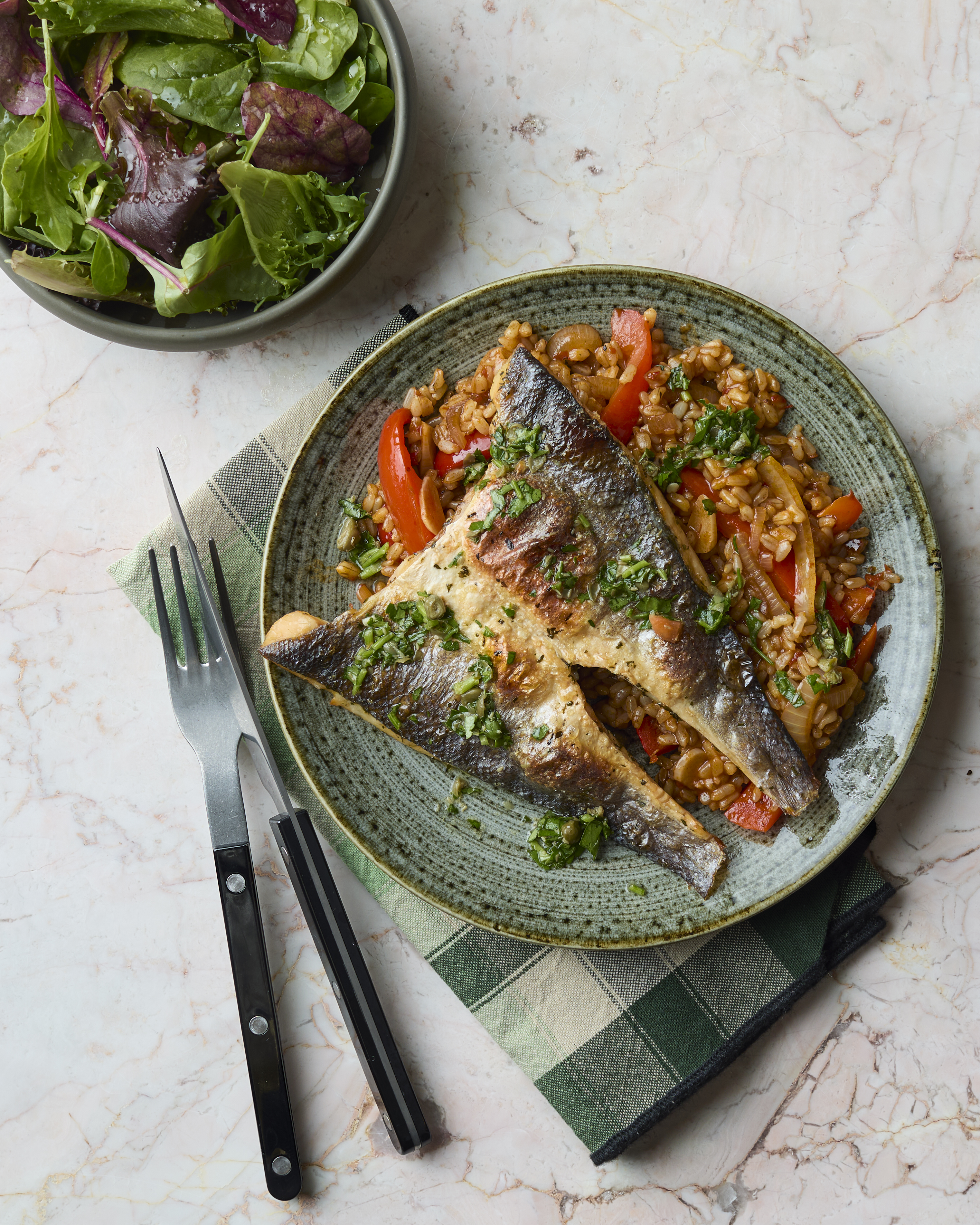 Butterflied Sea Bass Paella with Brown Rice, Ve'duja & Caper Salsa Verde