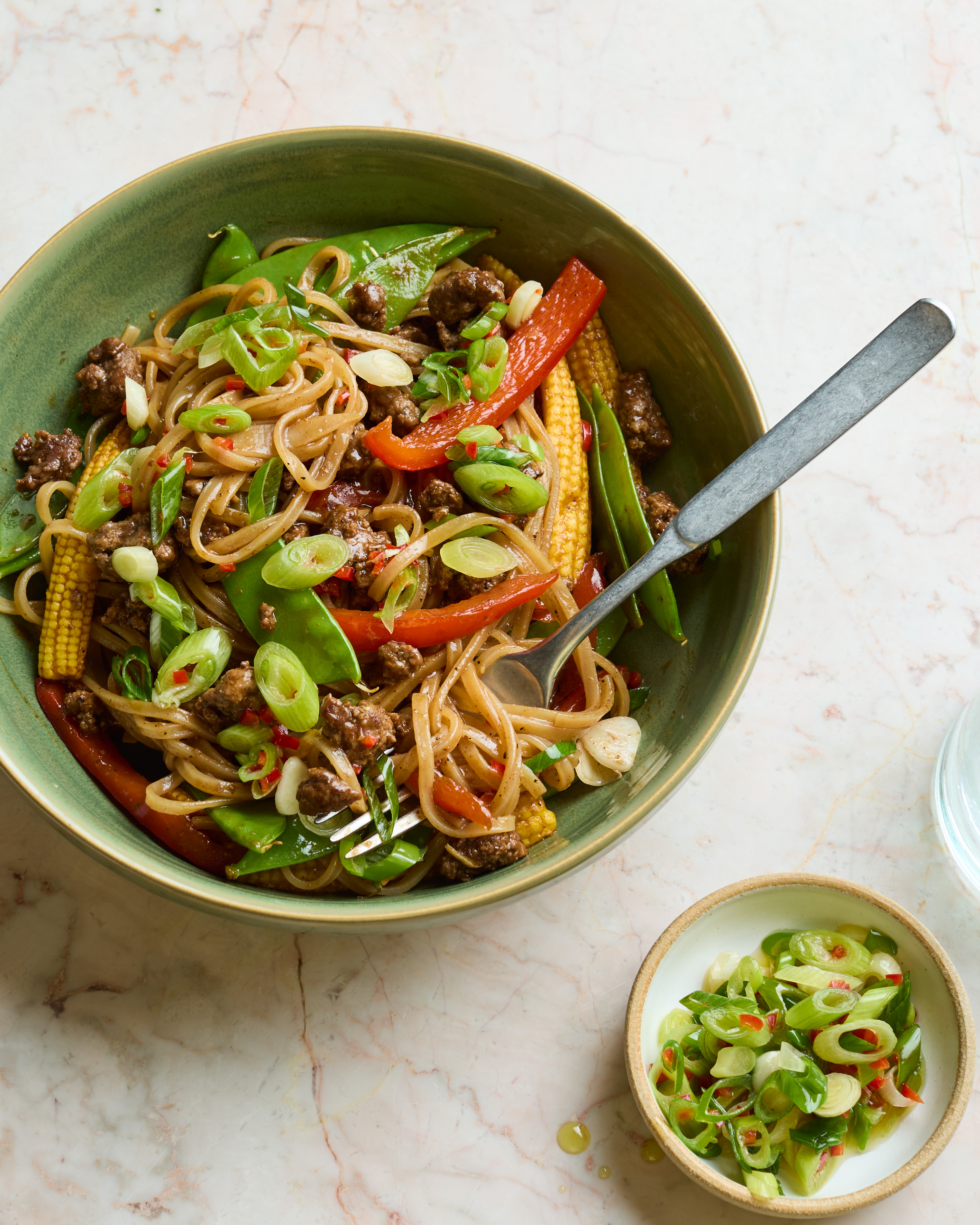 Sticky British Hoisin Venison Noodles with Spring onion & Chilli Oil