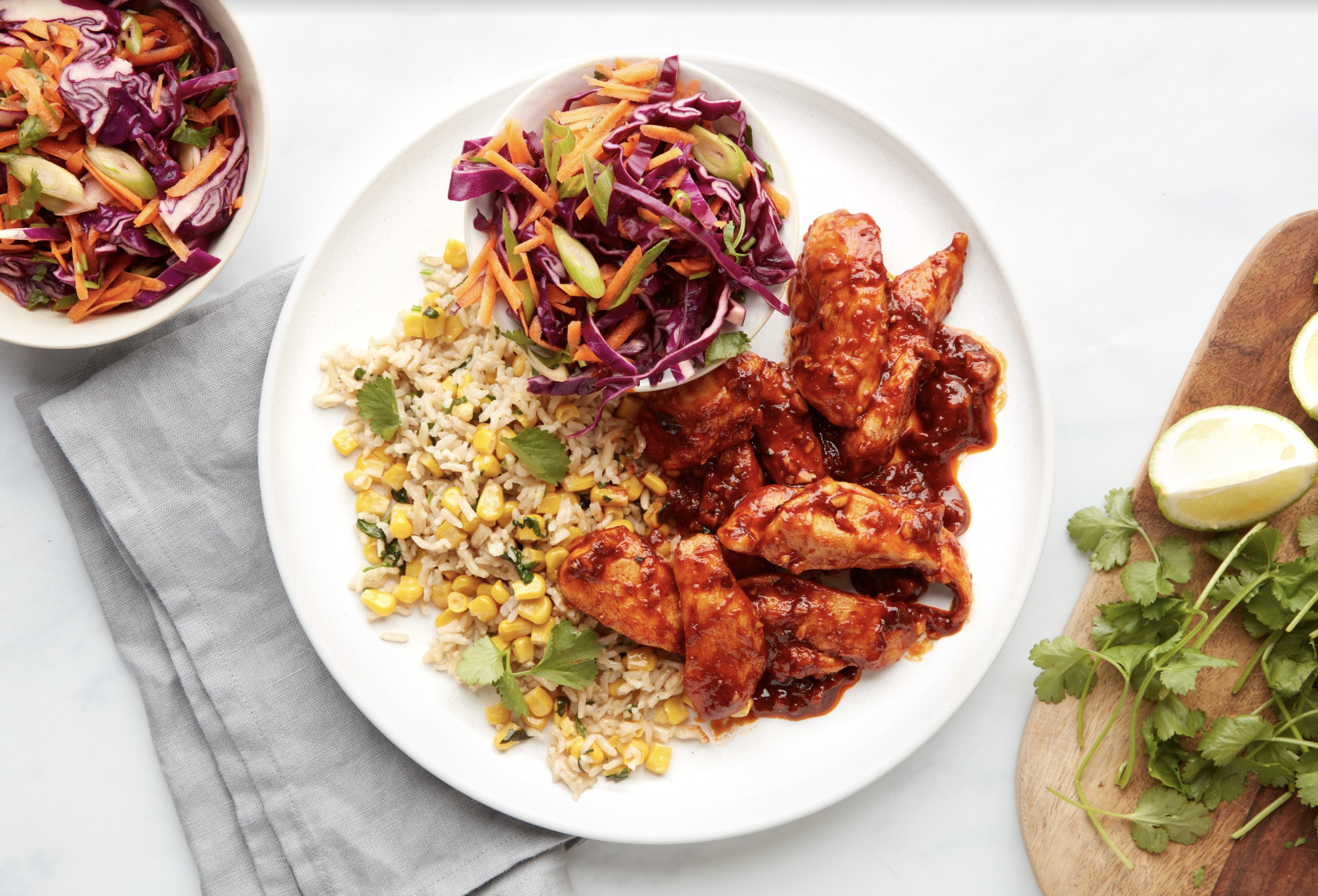 Barbecue-style Chicken, Sweetcorn Rice & Slaw