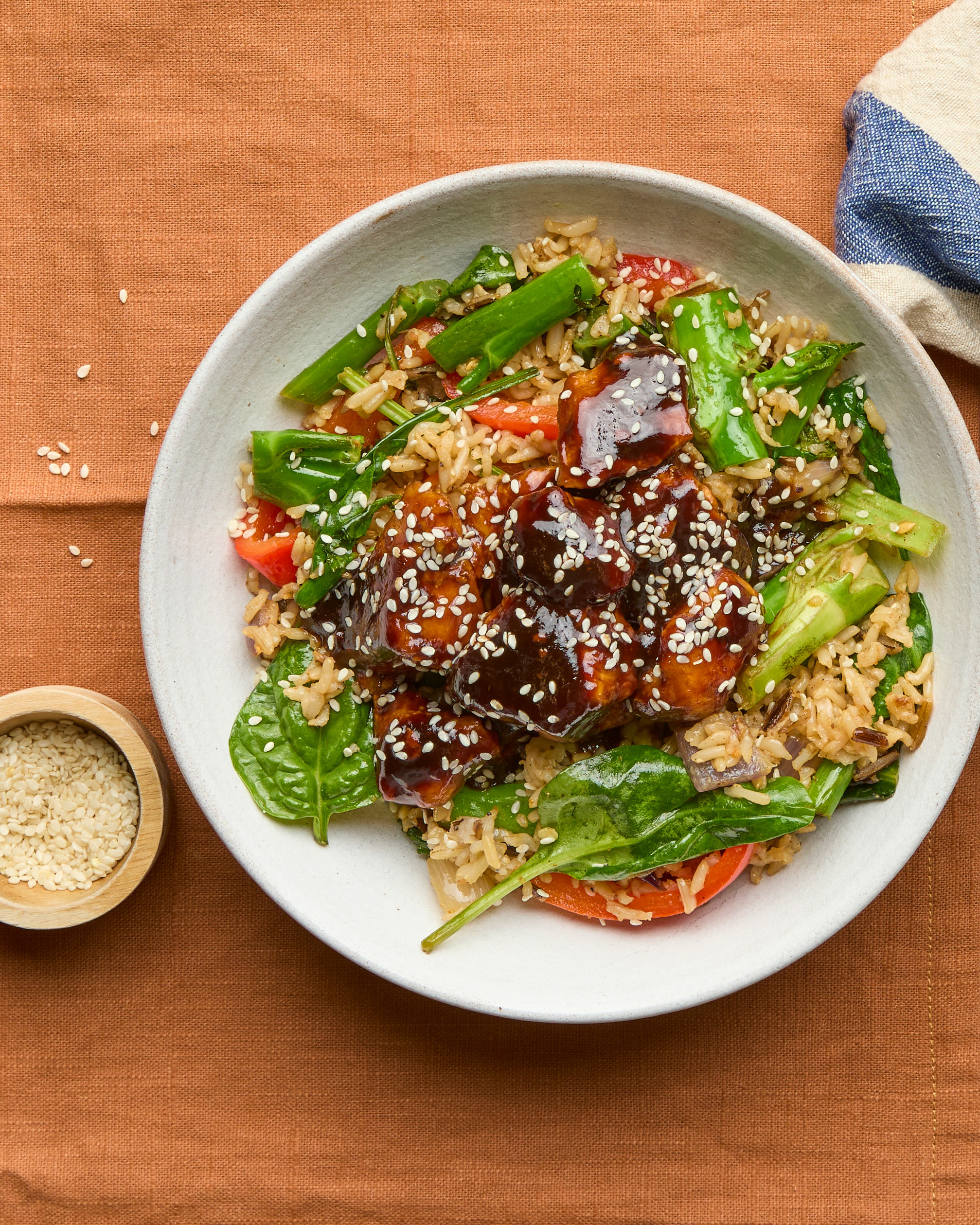 Sticky Teriyaki Chicken Thighs with Fried Brown Rice & Pak Choi