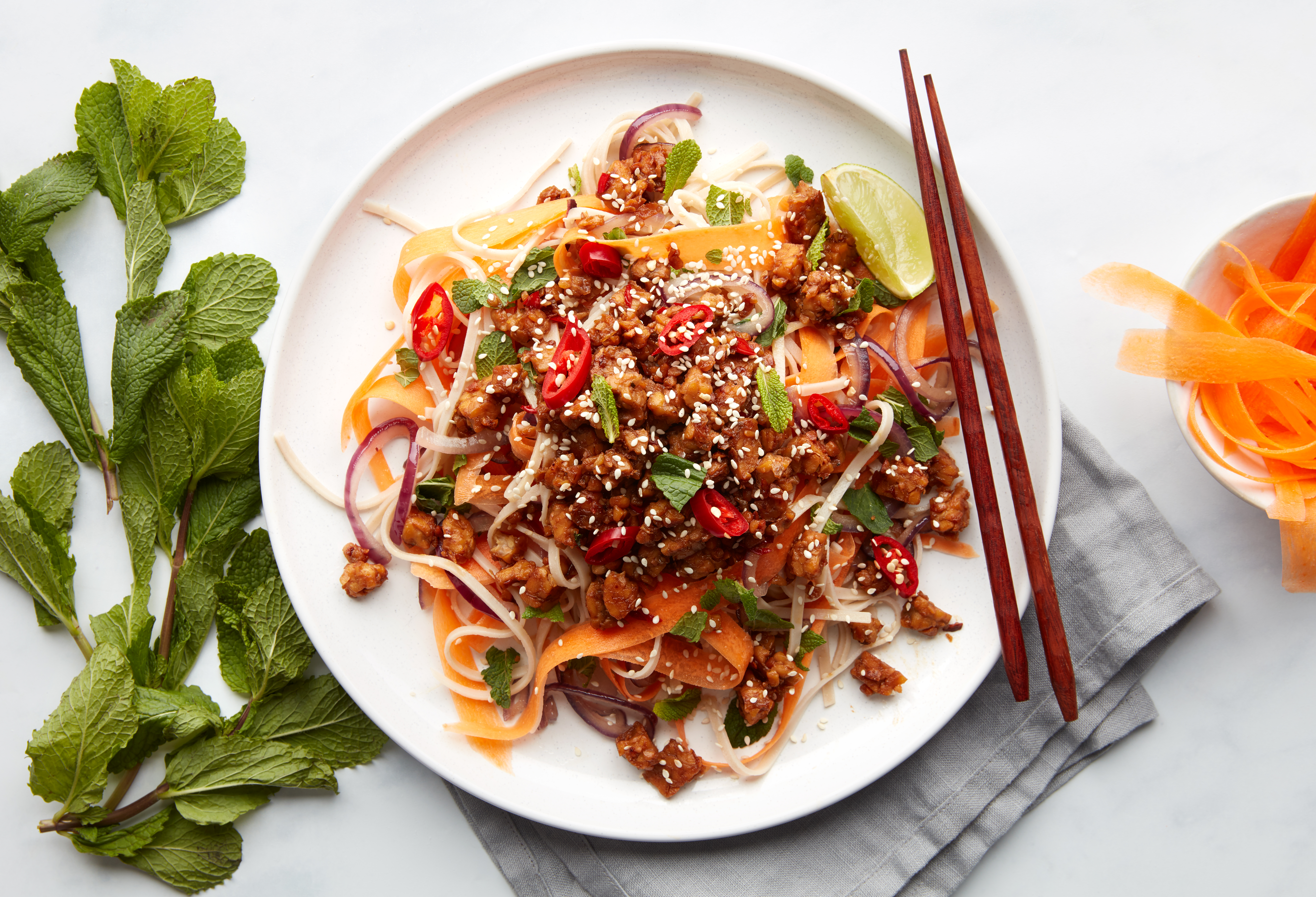 Sesame Maple Tempeh with Carrot Noodle Salad