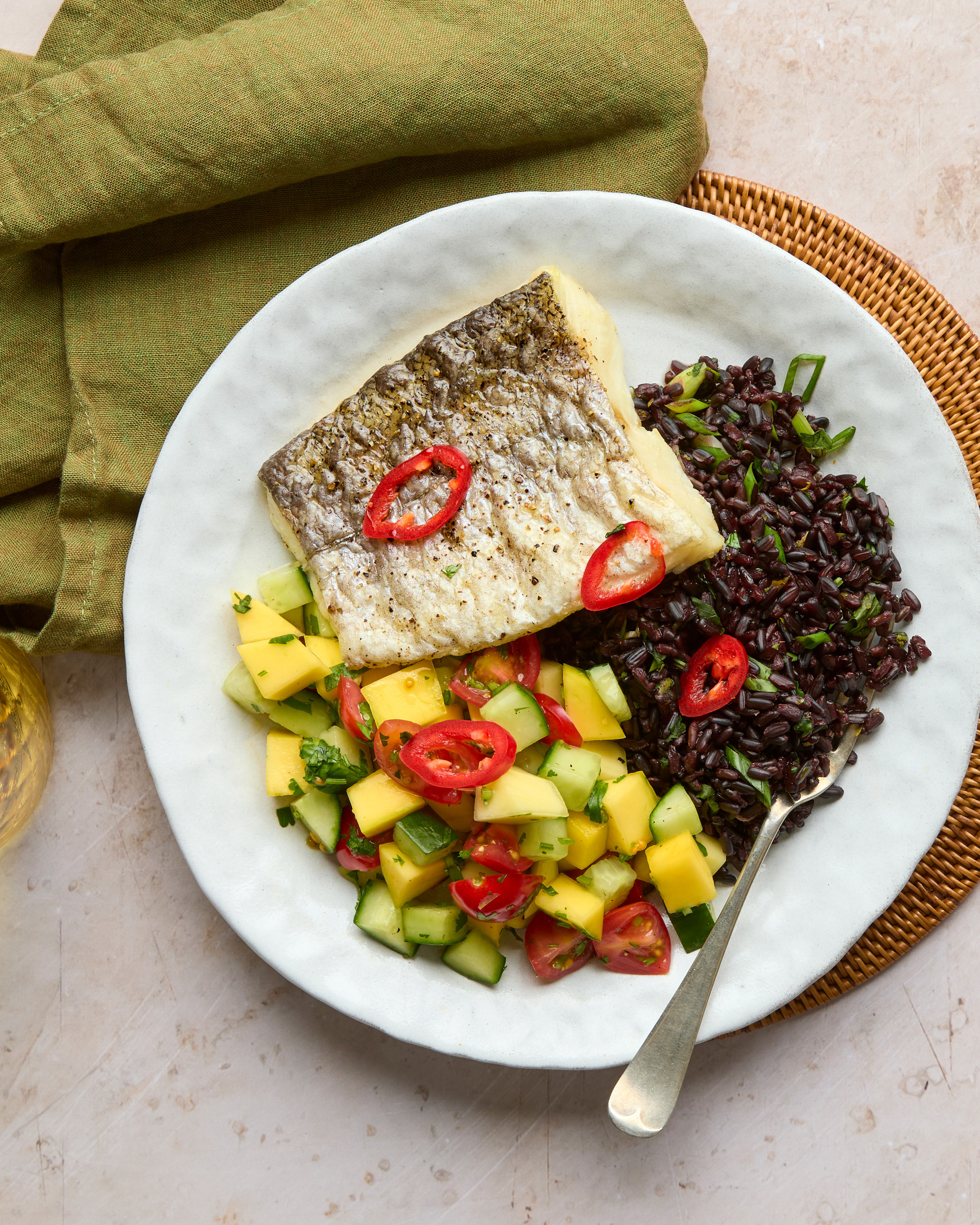 Soy Ginger Basa with Black Rice, Pickled Slaw & Peanuts