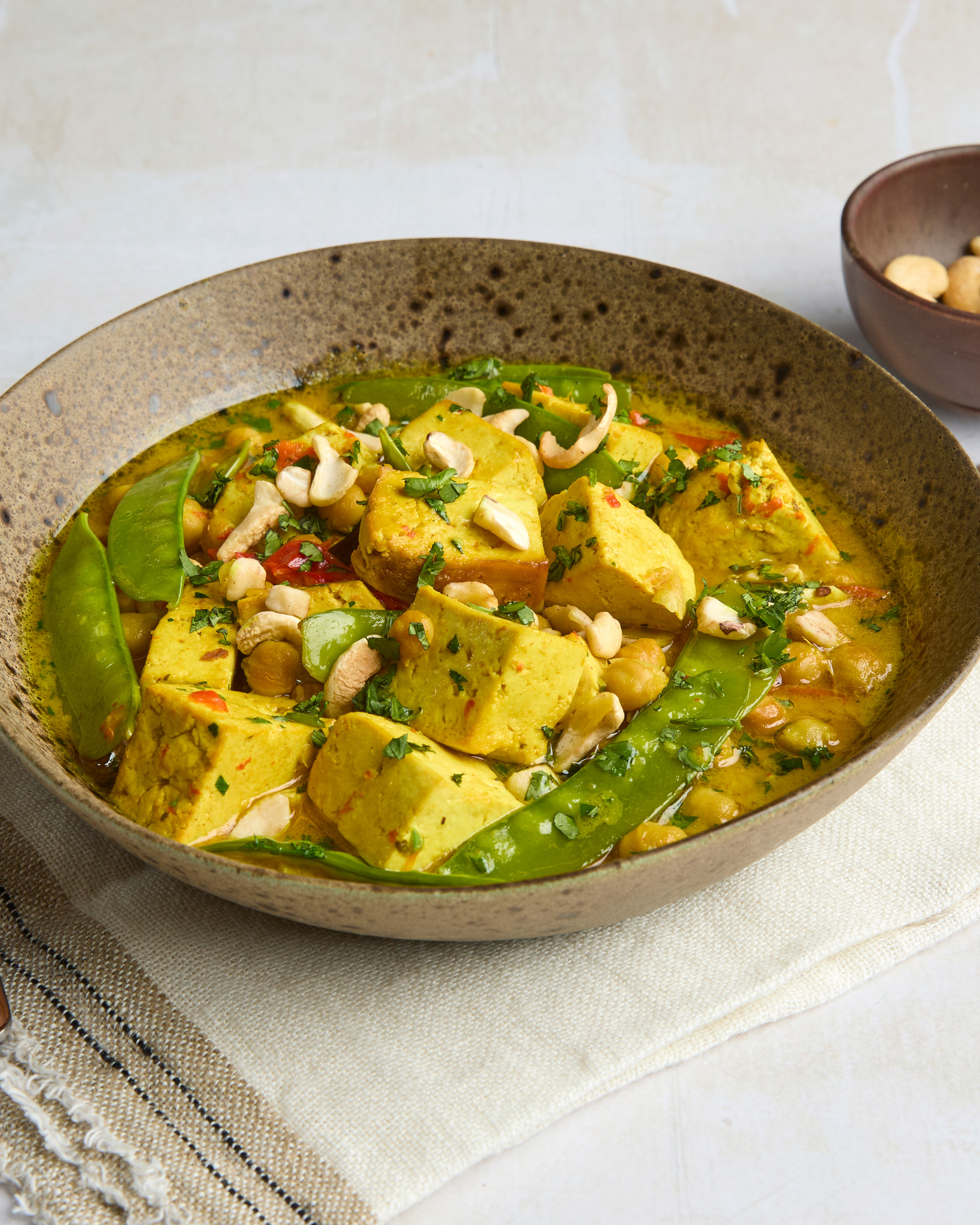 Tofu & Chickpea Curried Soup with Lemongrass & Cashews