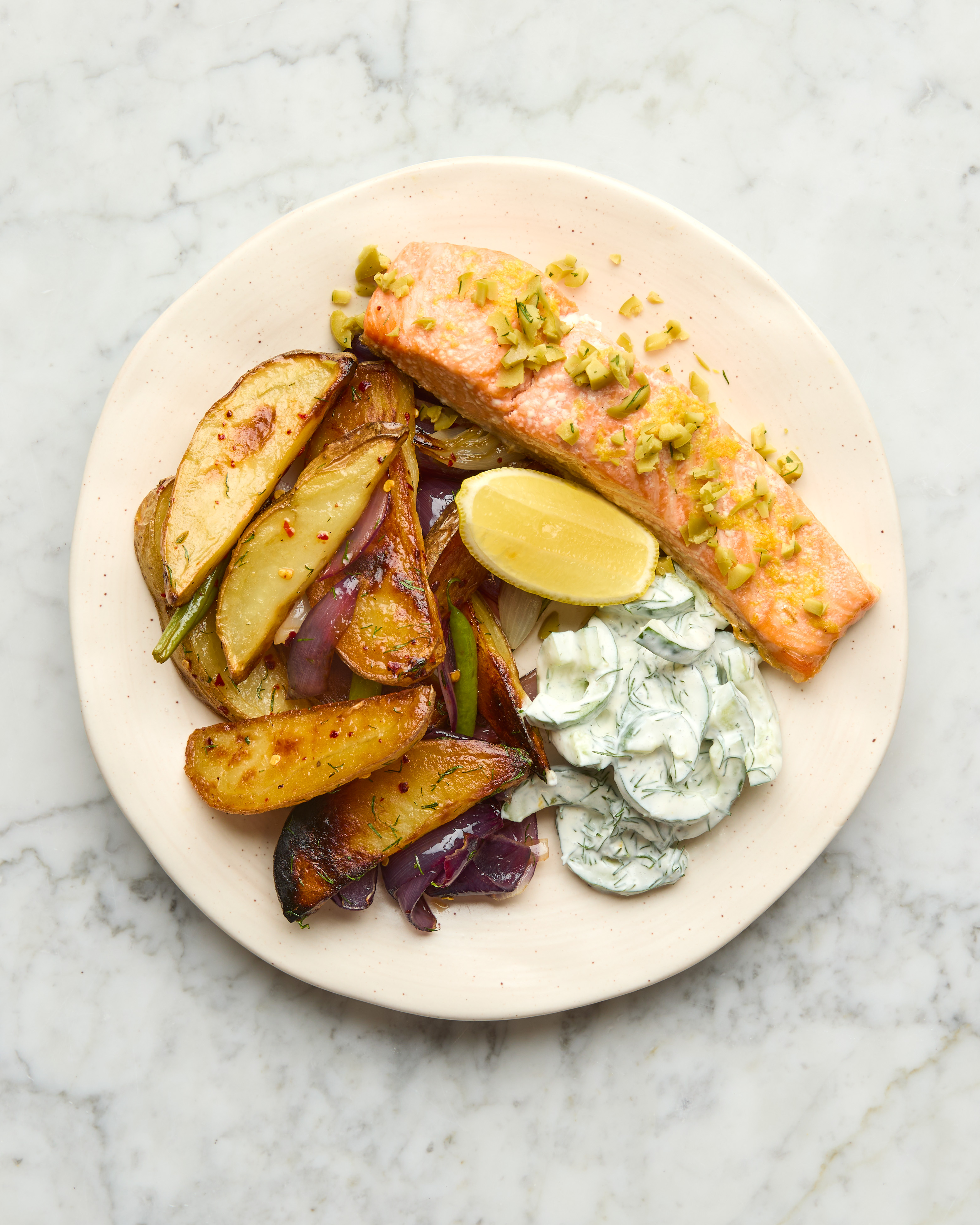 Scandi-style Trout with Roast Potatoes, Cucumber Salad & Dill Yoghurt Dressing