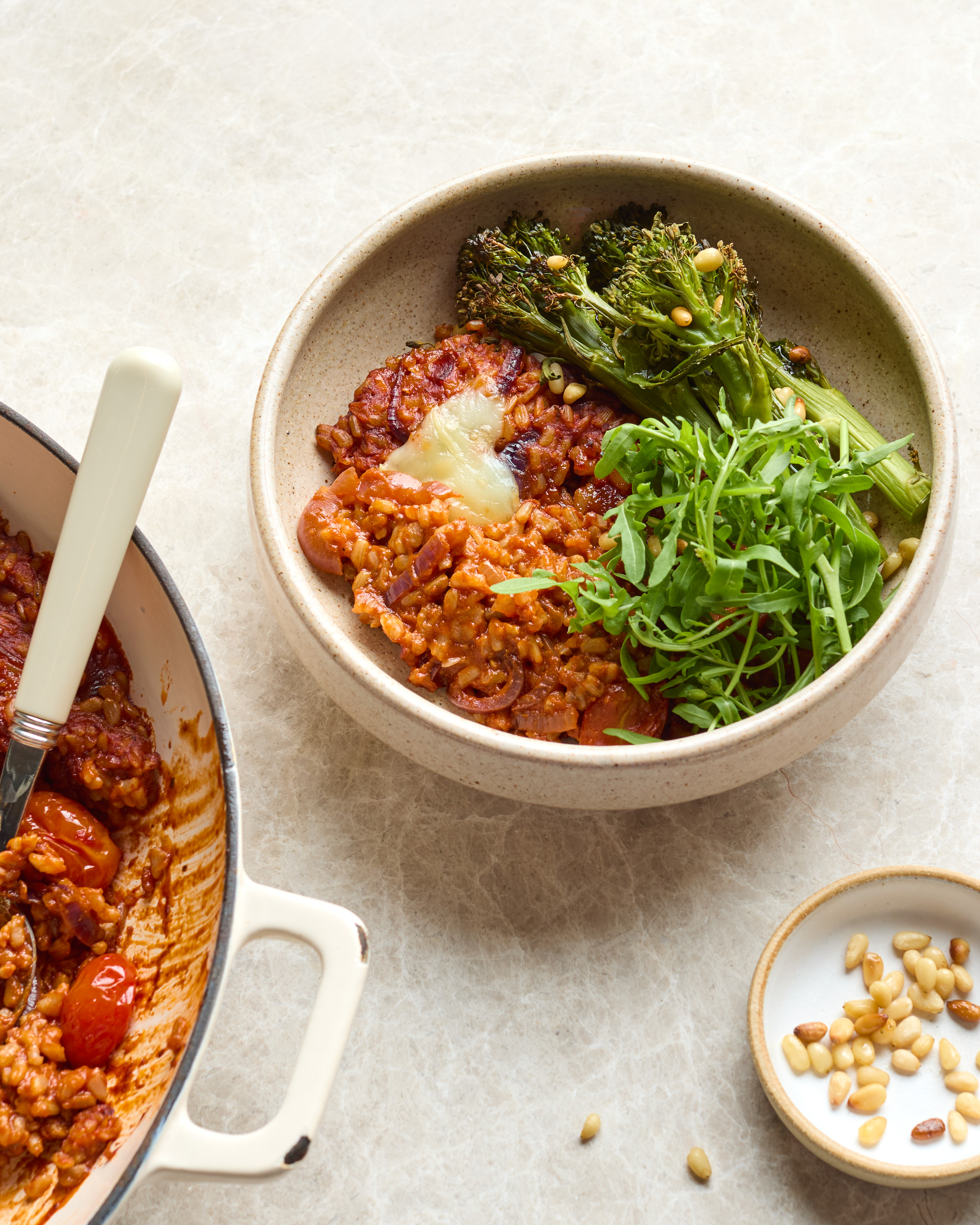 Baked Goat's Cheese Risotto with Tenderstem Broccoli & Hot Honey