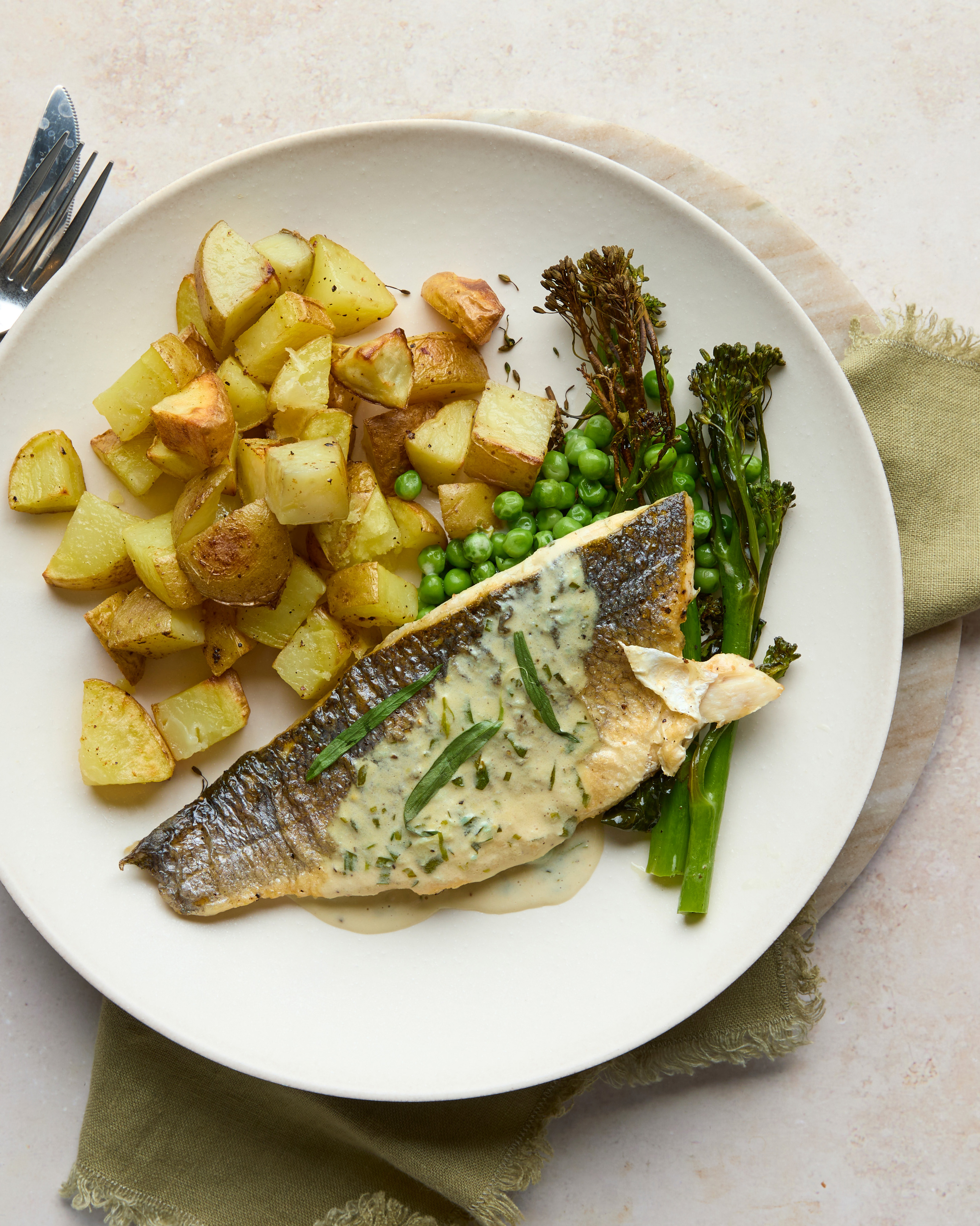 Pan-fried Sea Bass with Broccoli, Peas & Tarragon Sauce
