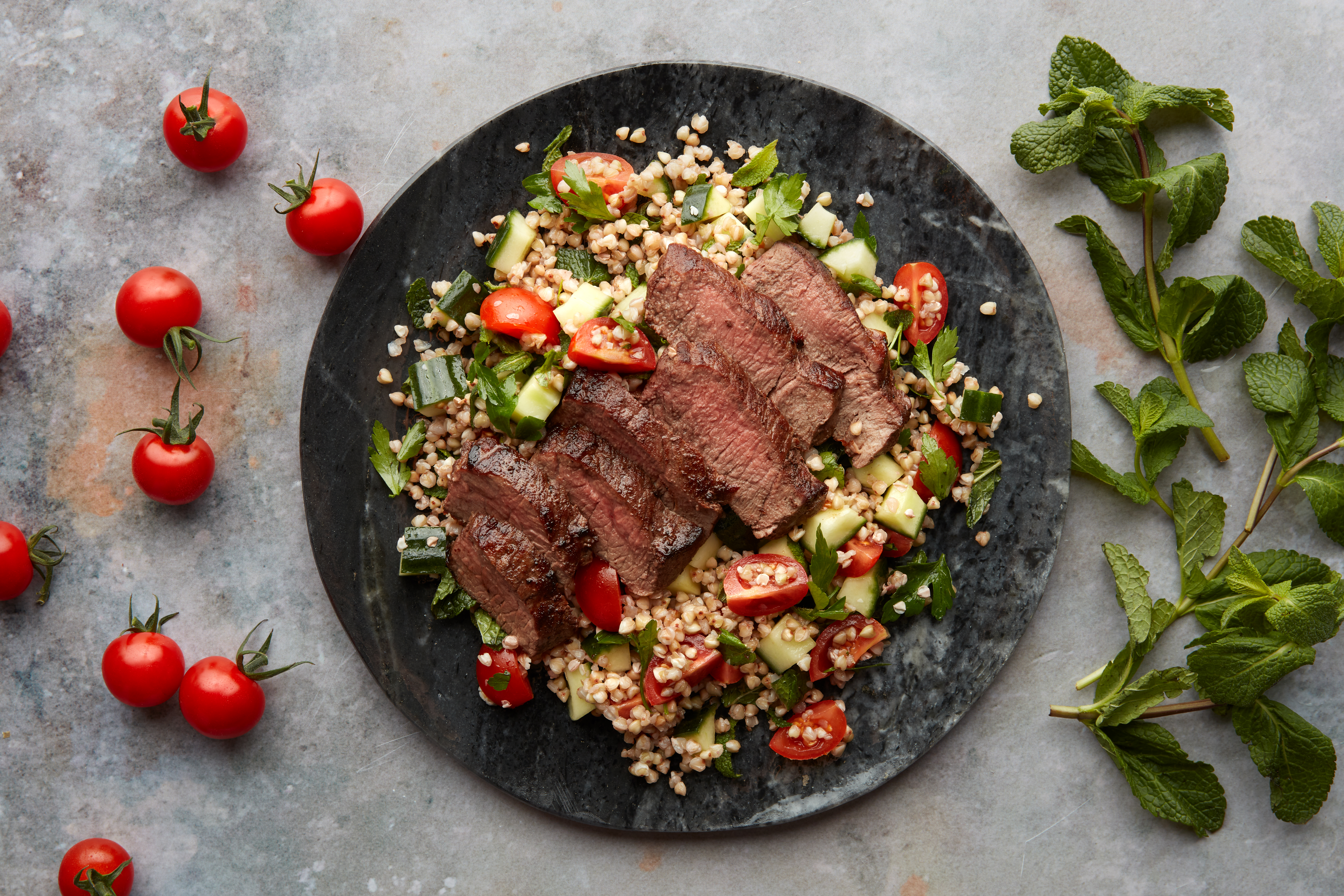Flat Iron Steak with Cucumber & Buckwheat Tabbouleh