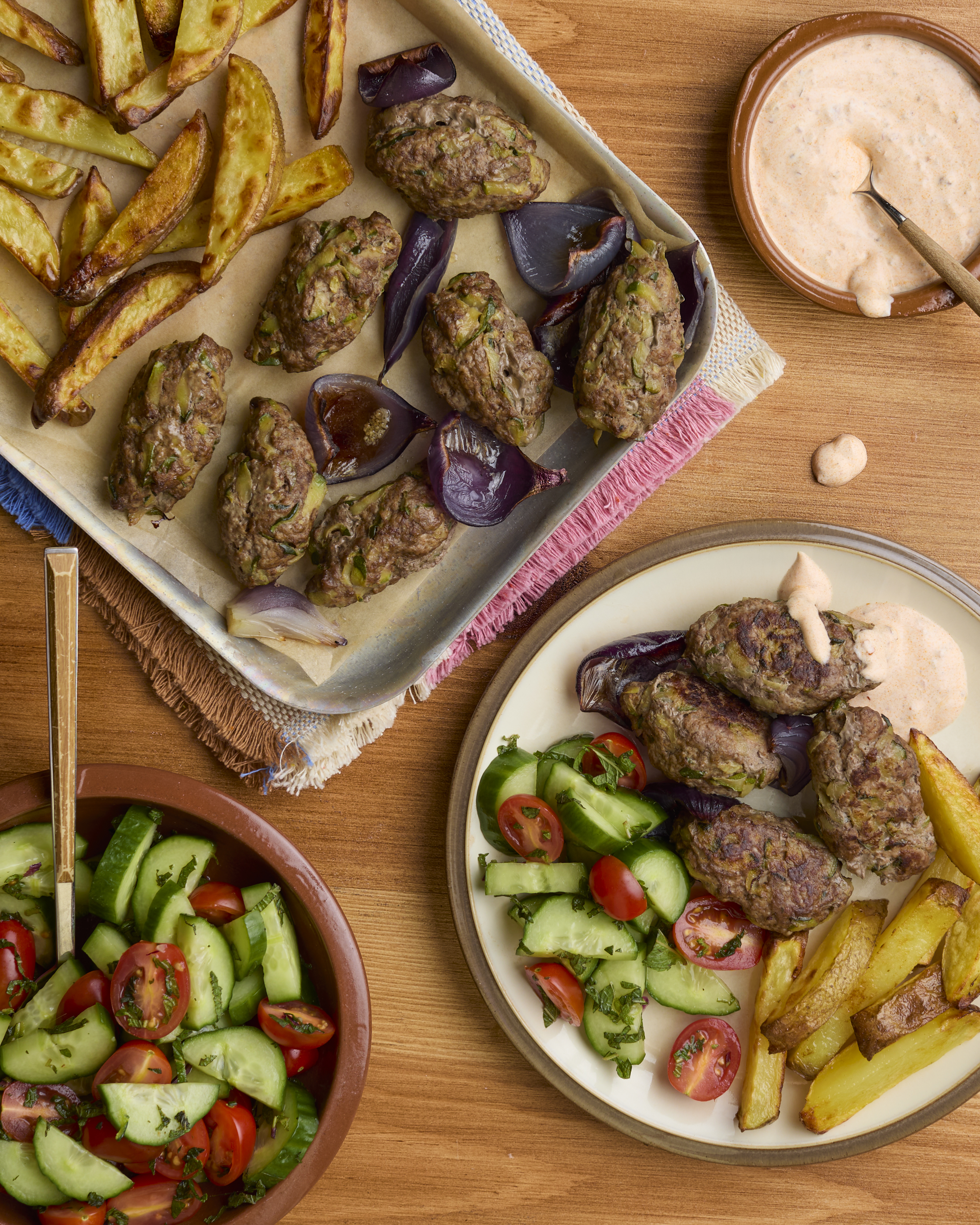 Spiced Lamb Kofta Traybake with Harissa Wedges & Mint Yoghurt