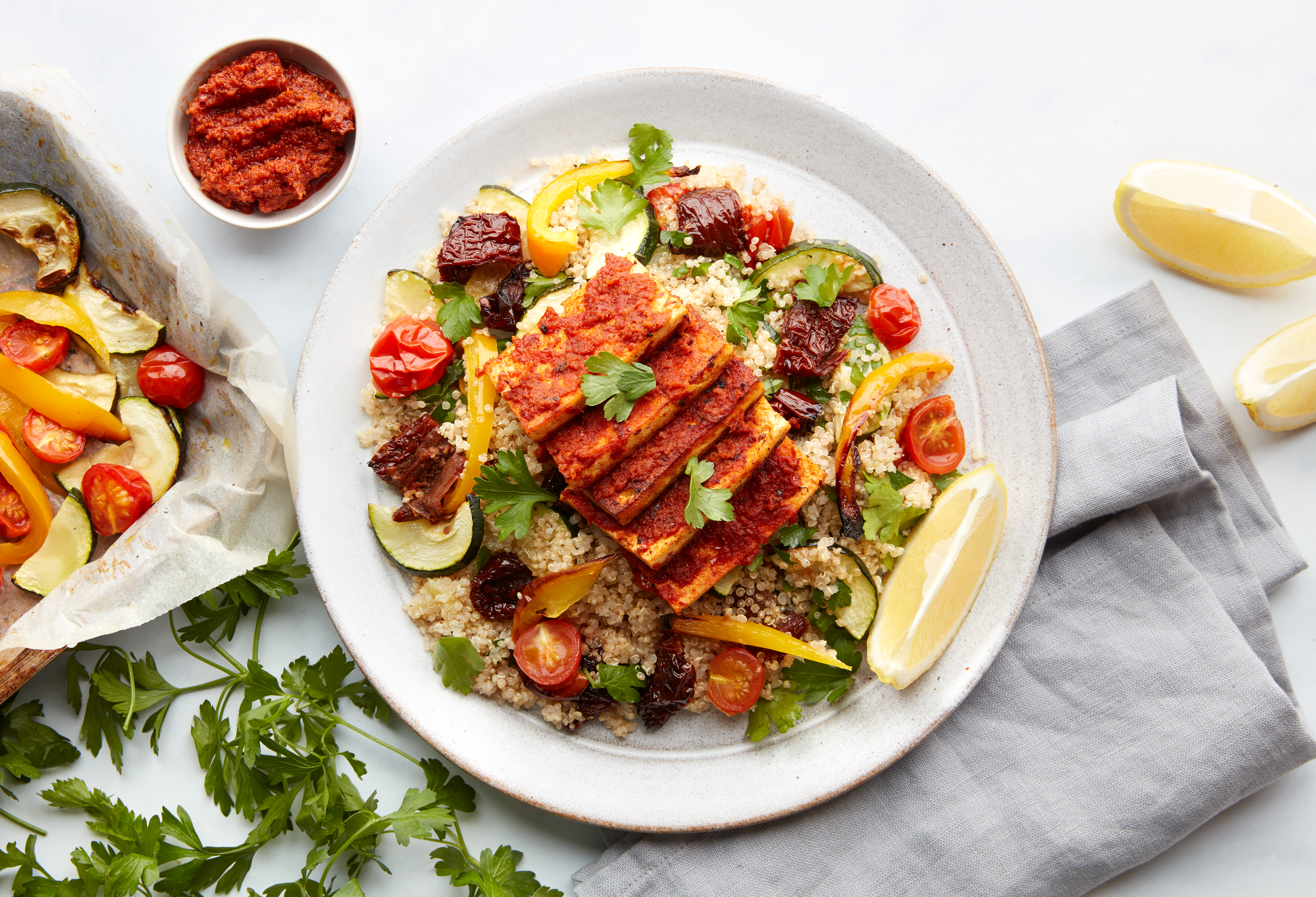 Pesto & Harissa Tofu with Roasted Veg Quinoa