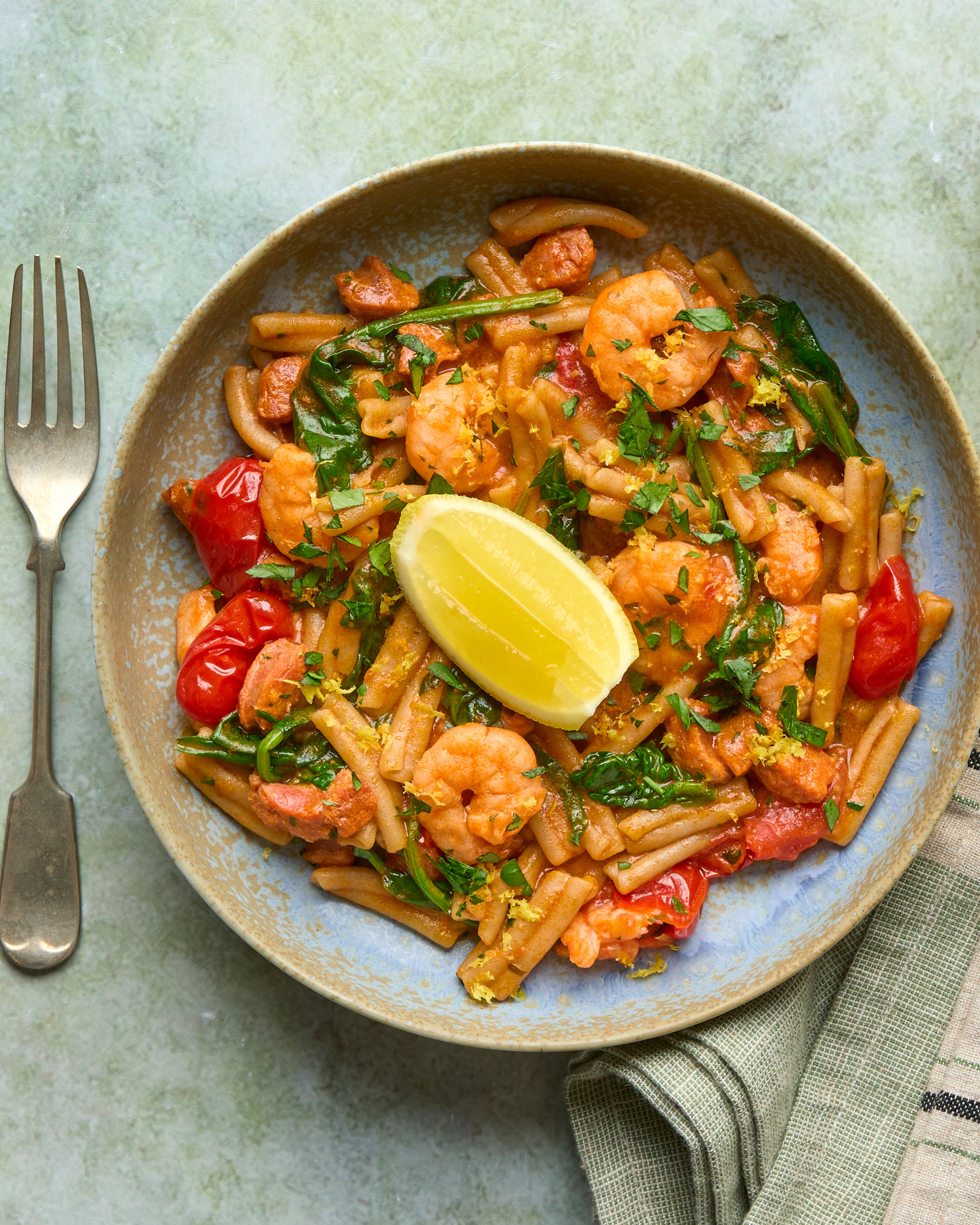 King Prawn & Chorizo Pasta with Brown Rice Casarecce, Sundried Tomato & Spinach