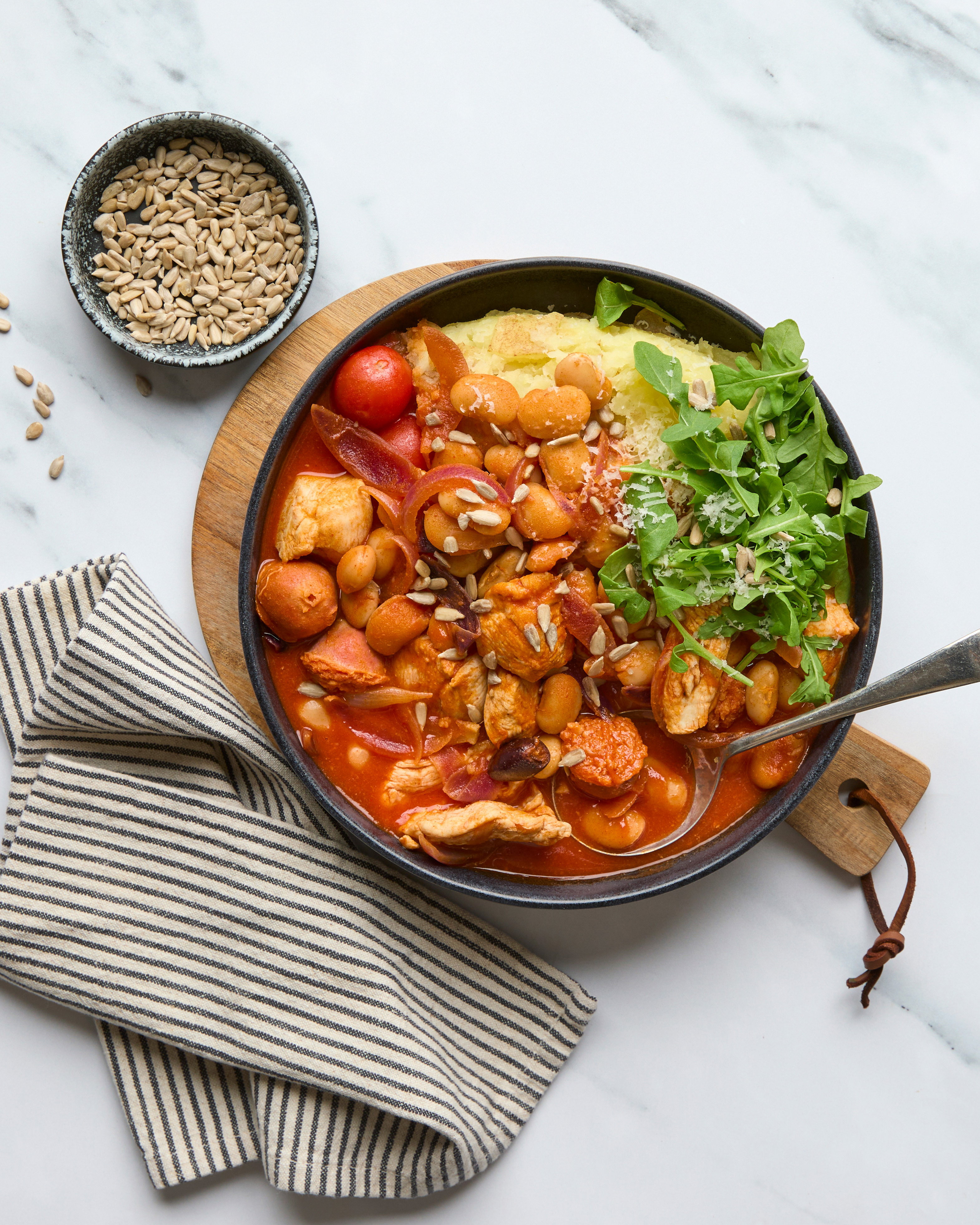 Chicken, Chorizo & Bean Stew with Cheesy Mash & Kalamata Olives