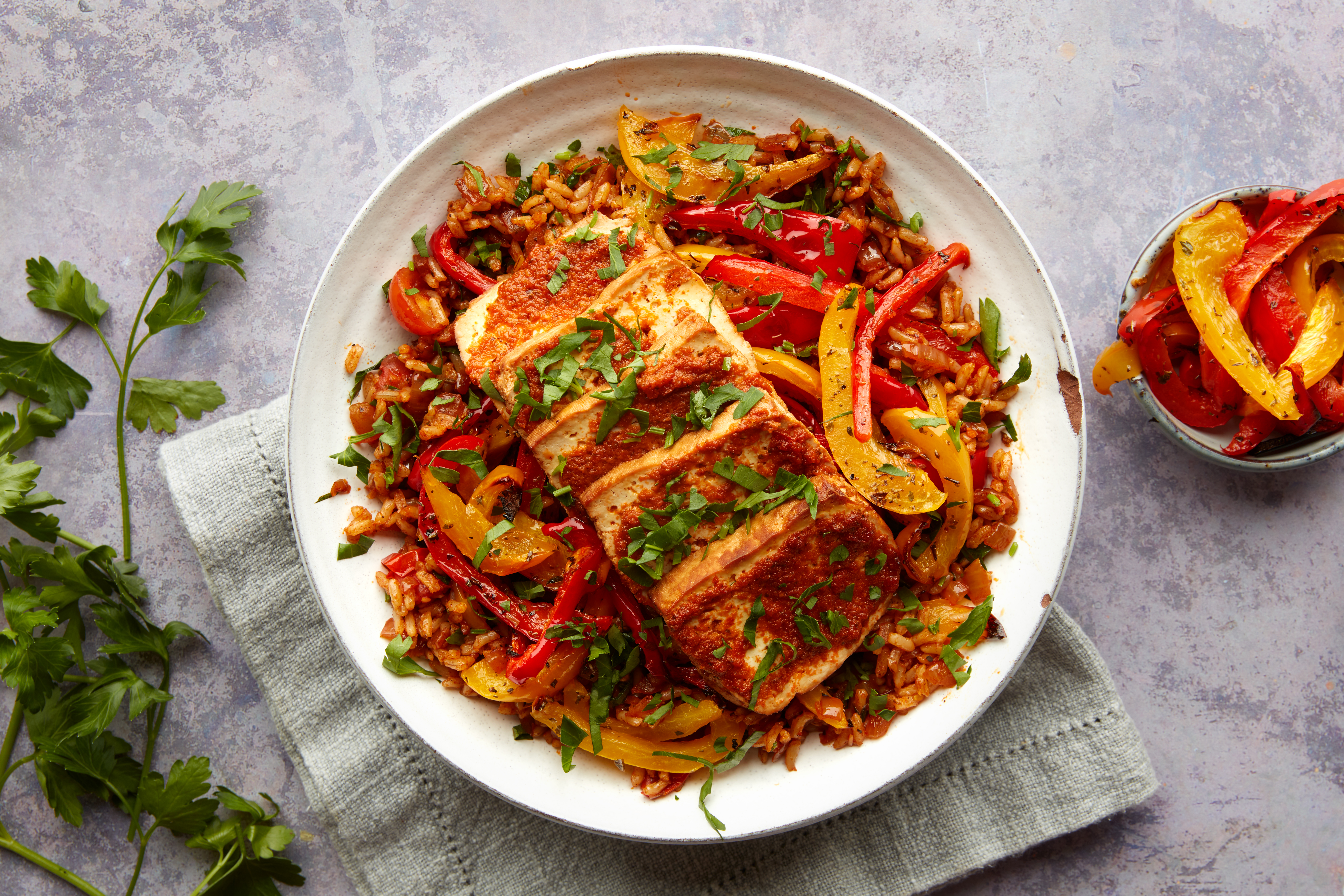 Smoked Tofu, Spanish-style Rice & Roasted Peppers