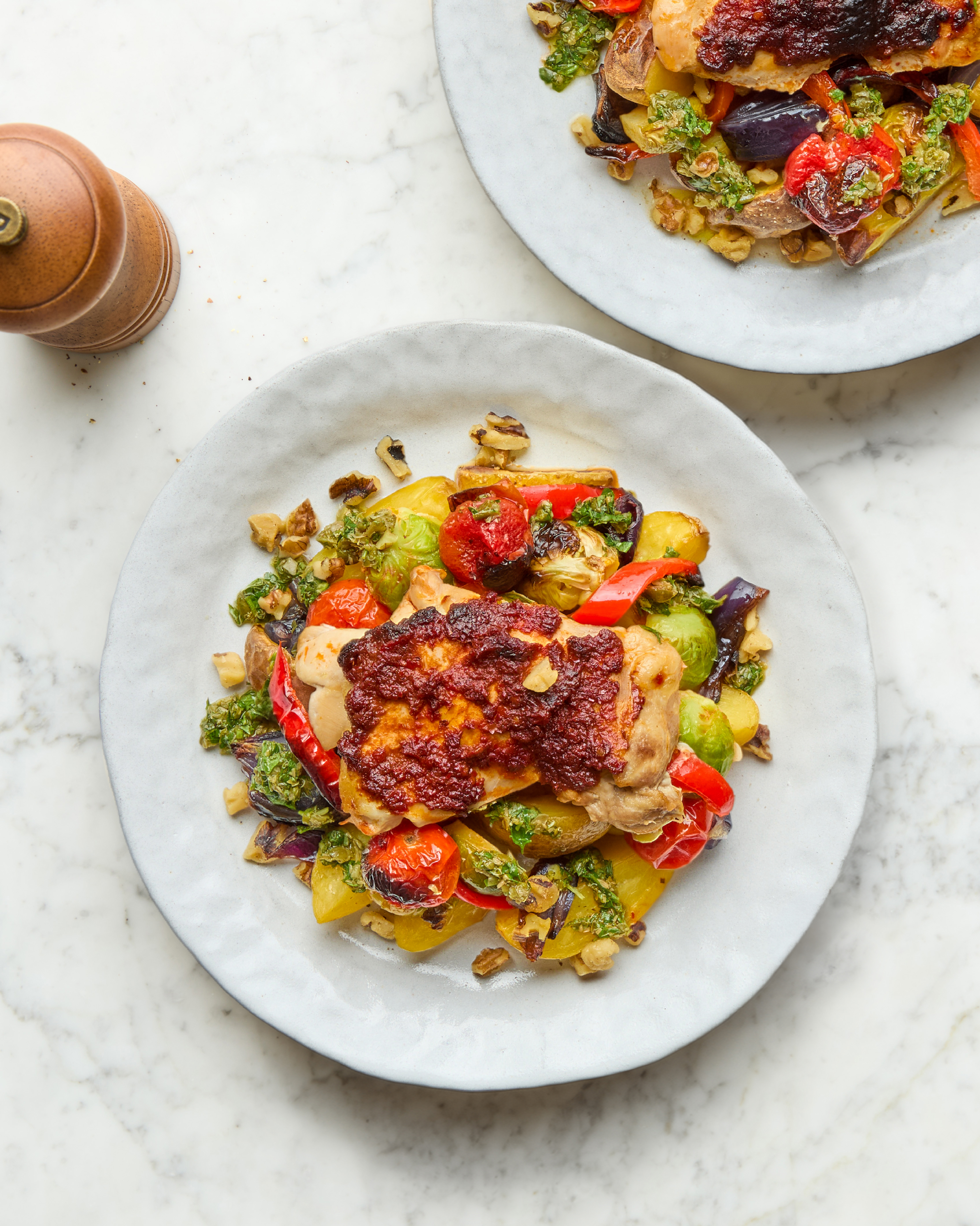 Chicken & Ve’duja Traybake with Roast Potatoes, Sprouts & Caper Salsa
