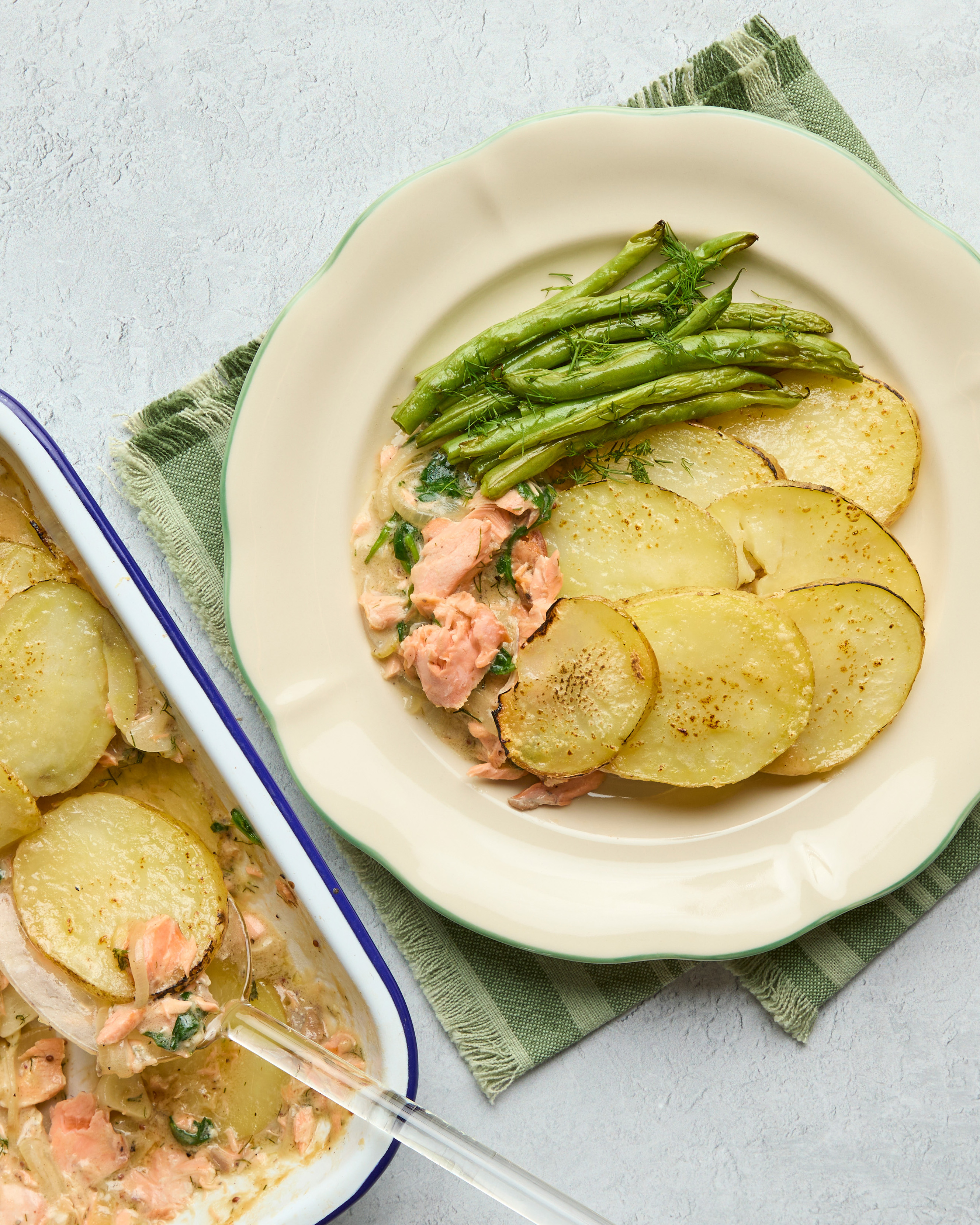 Salmon Dauphinoise with Potato Topping, Roast Green Beans & Dill