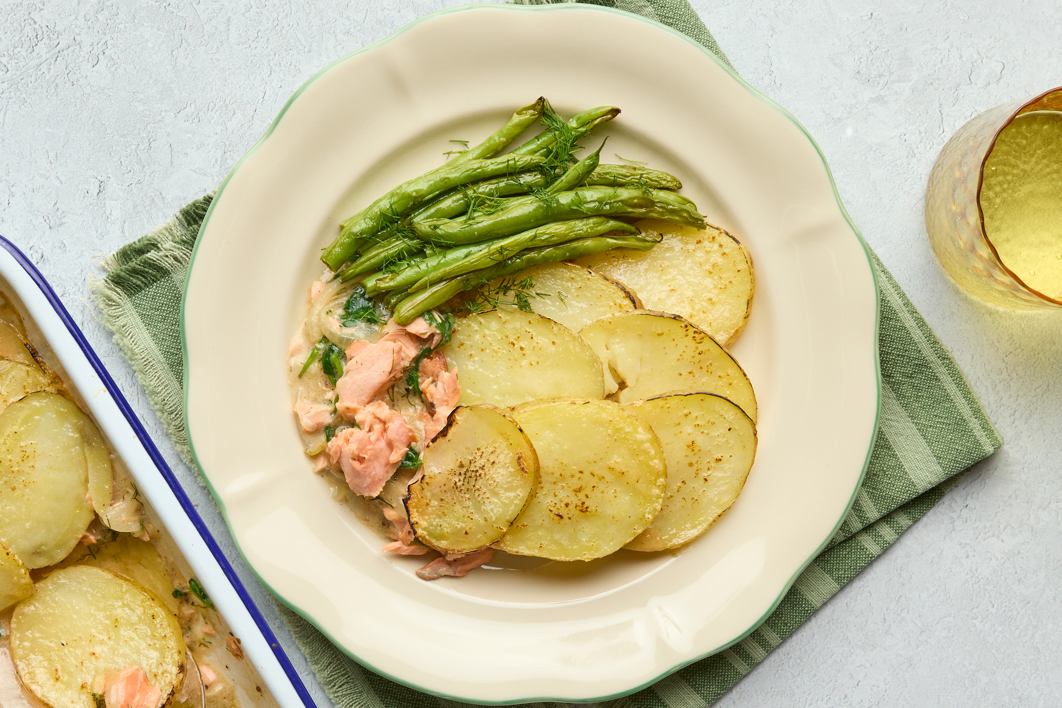 Salmon Dauphinoise with Herbed Green Beans