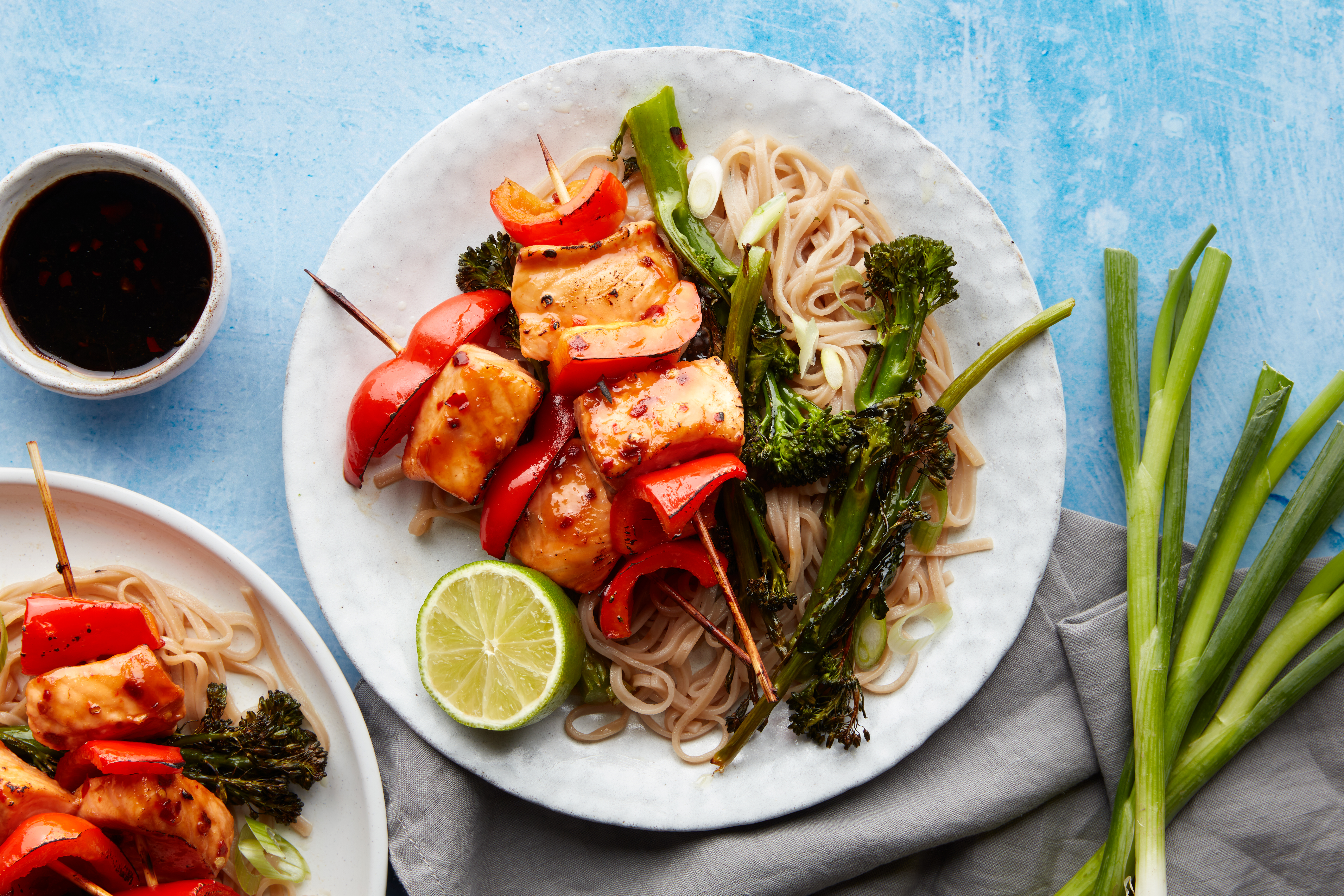Sweet Chilli Salmon Skewers with Noodles & Broccoli