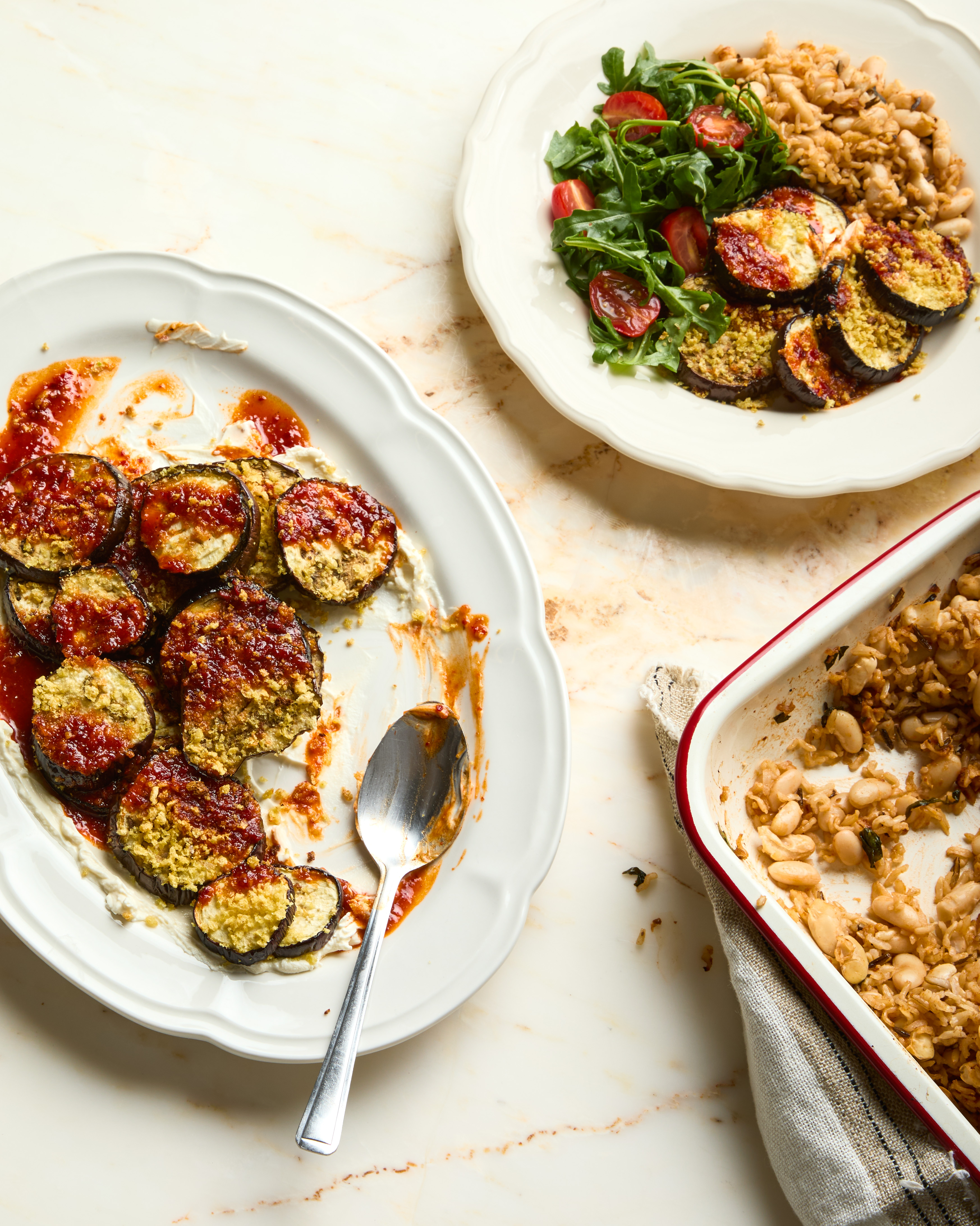 Creamy Ve'duja Aubergine with Rice al Forno & Tomato Basil Salad