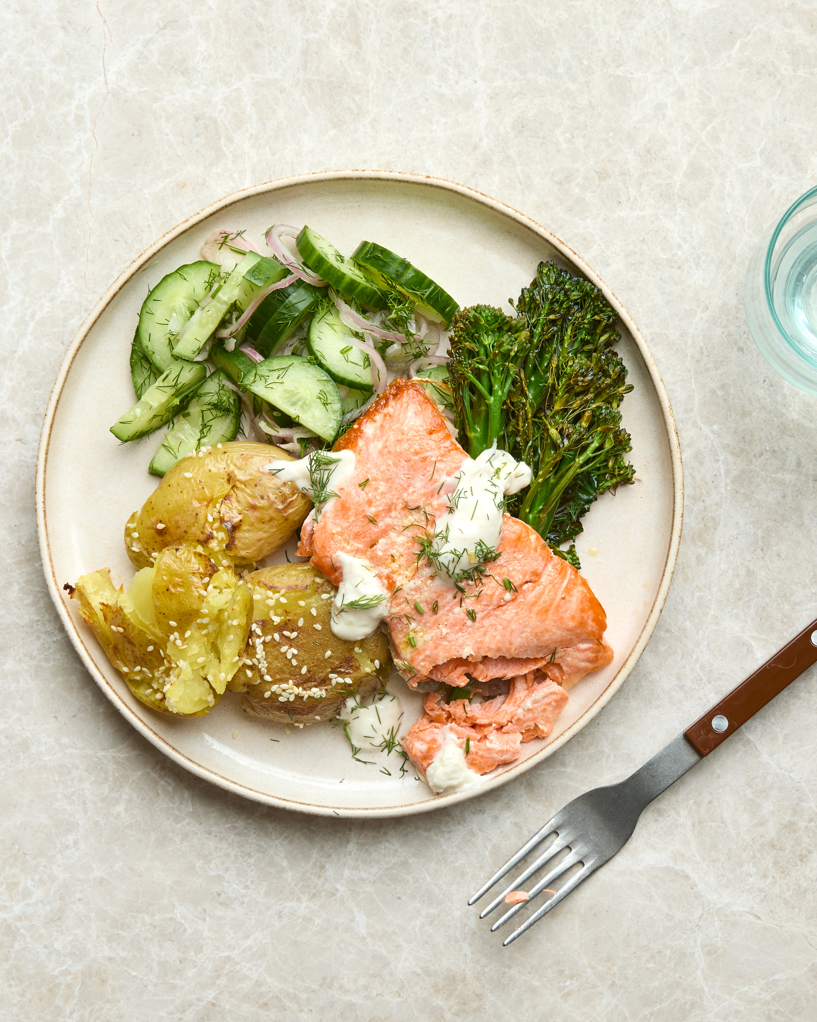 Grilled Trout with Sesame Potatoes, Horseradish Cream & Pickled Cucumber