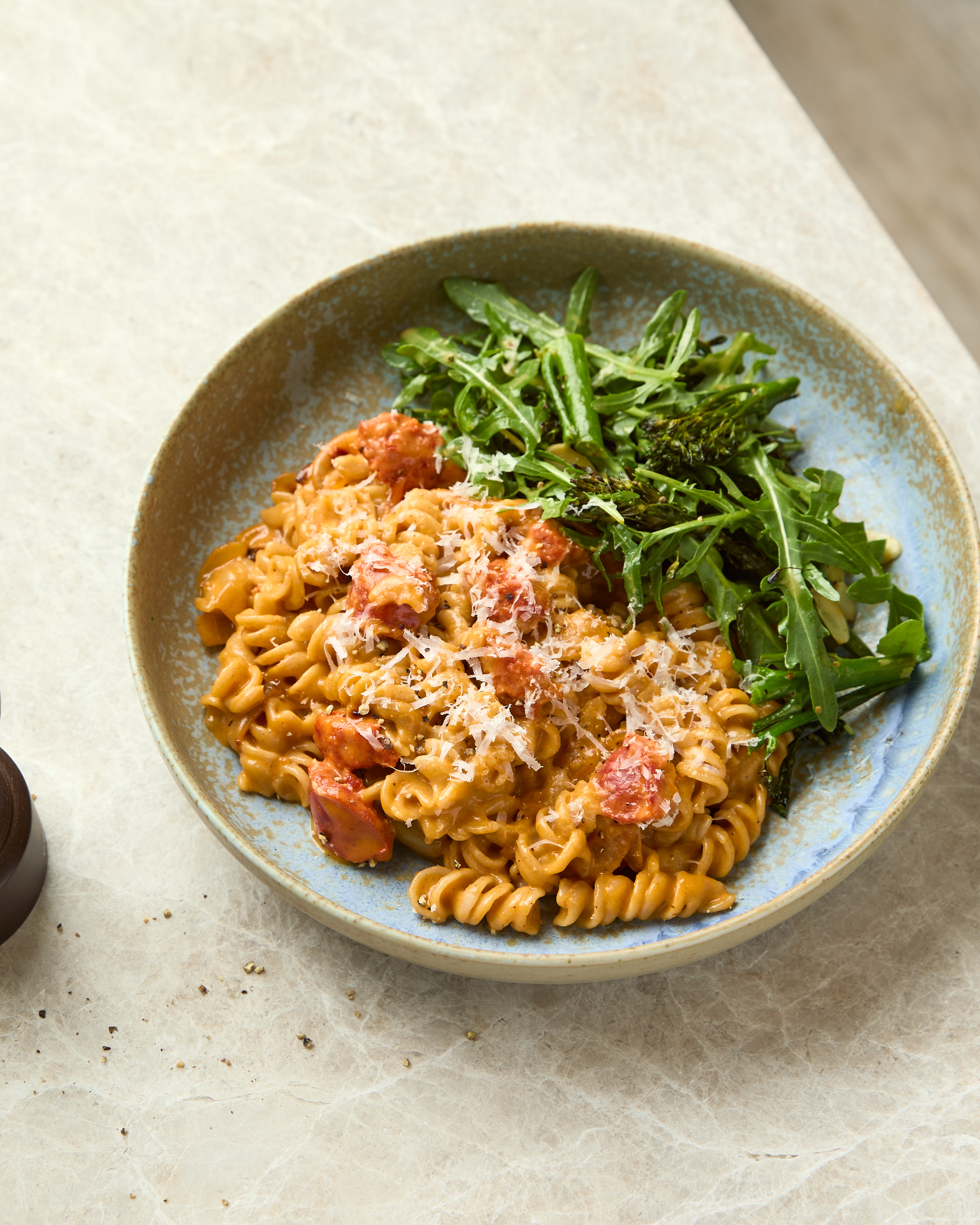 Chorizo Carbonara with Tenderstem Broccoli, Rocket & Almond Salad