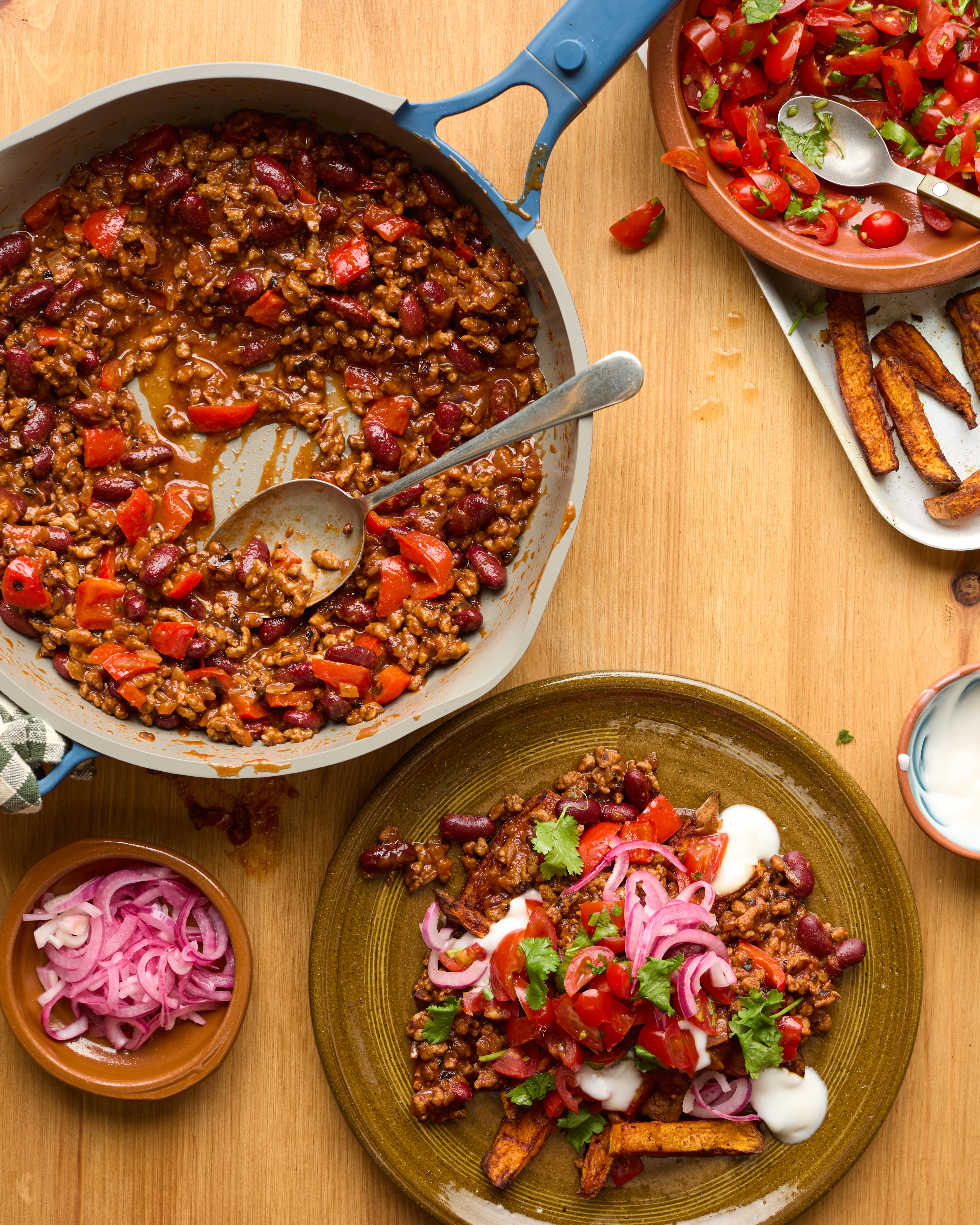 Vegan Sunflower Mince Chilli Loaded Fries with Tomato Salsa & Lime Yoghurt