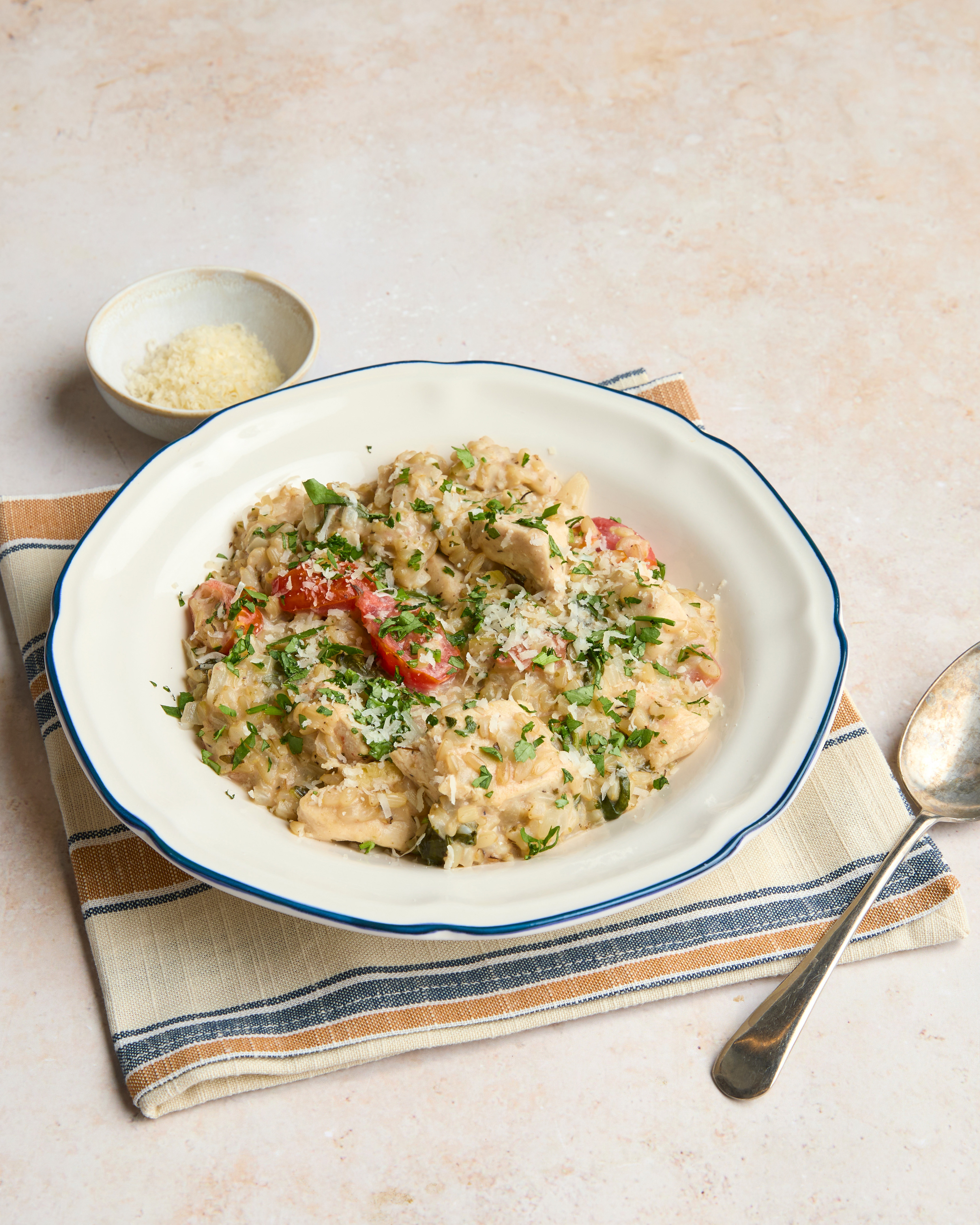 Cheddar & Leek Risotto with Roasted Balsamic Tomatoes & Tenderstem Broccoli