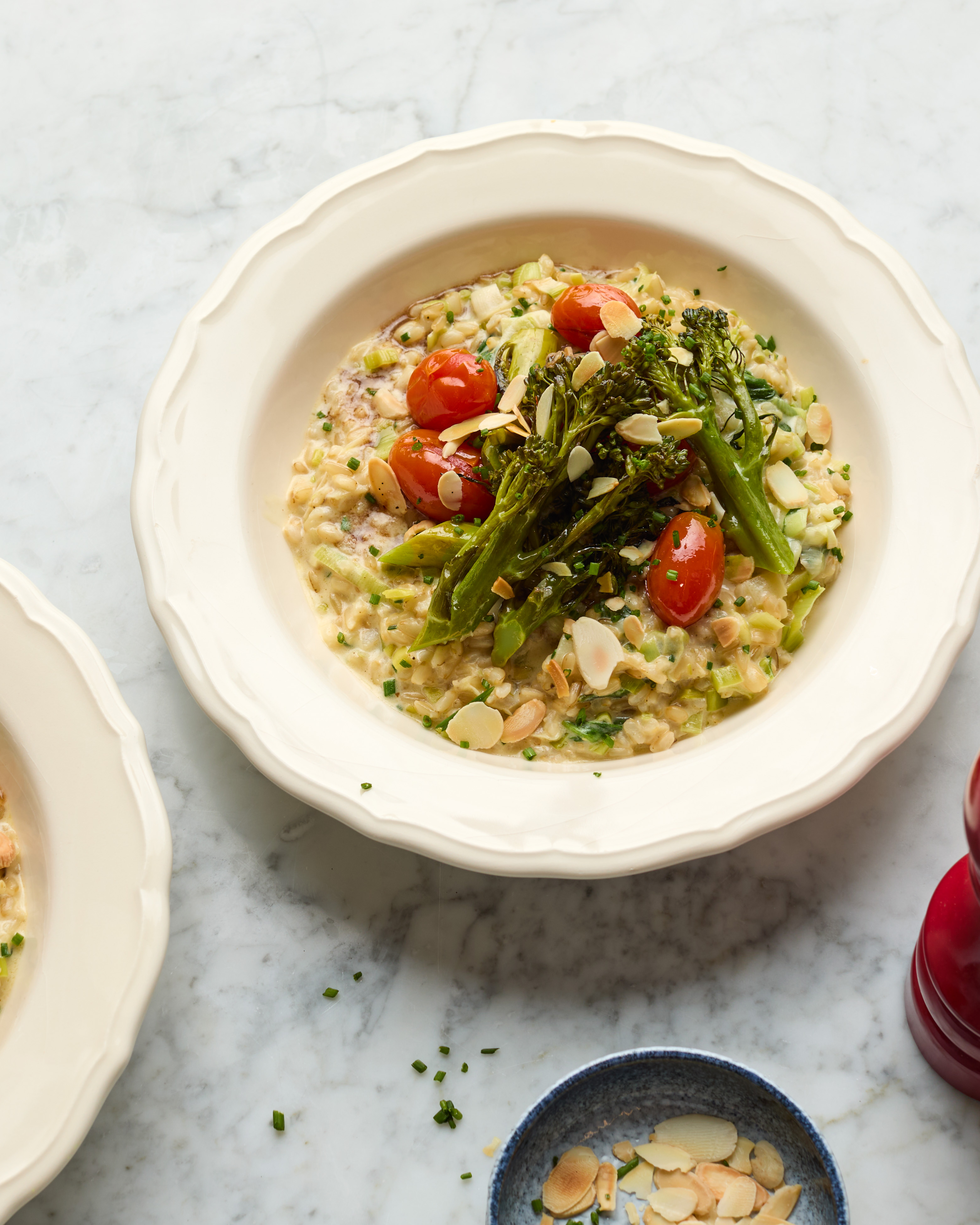 Cheddar, Leek & Chive Risotto with Roasted Balsamic Tomatoes & Tenderstem Broccoli