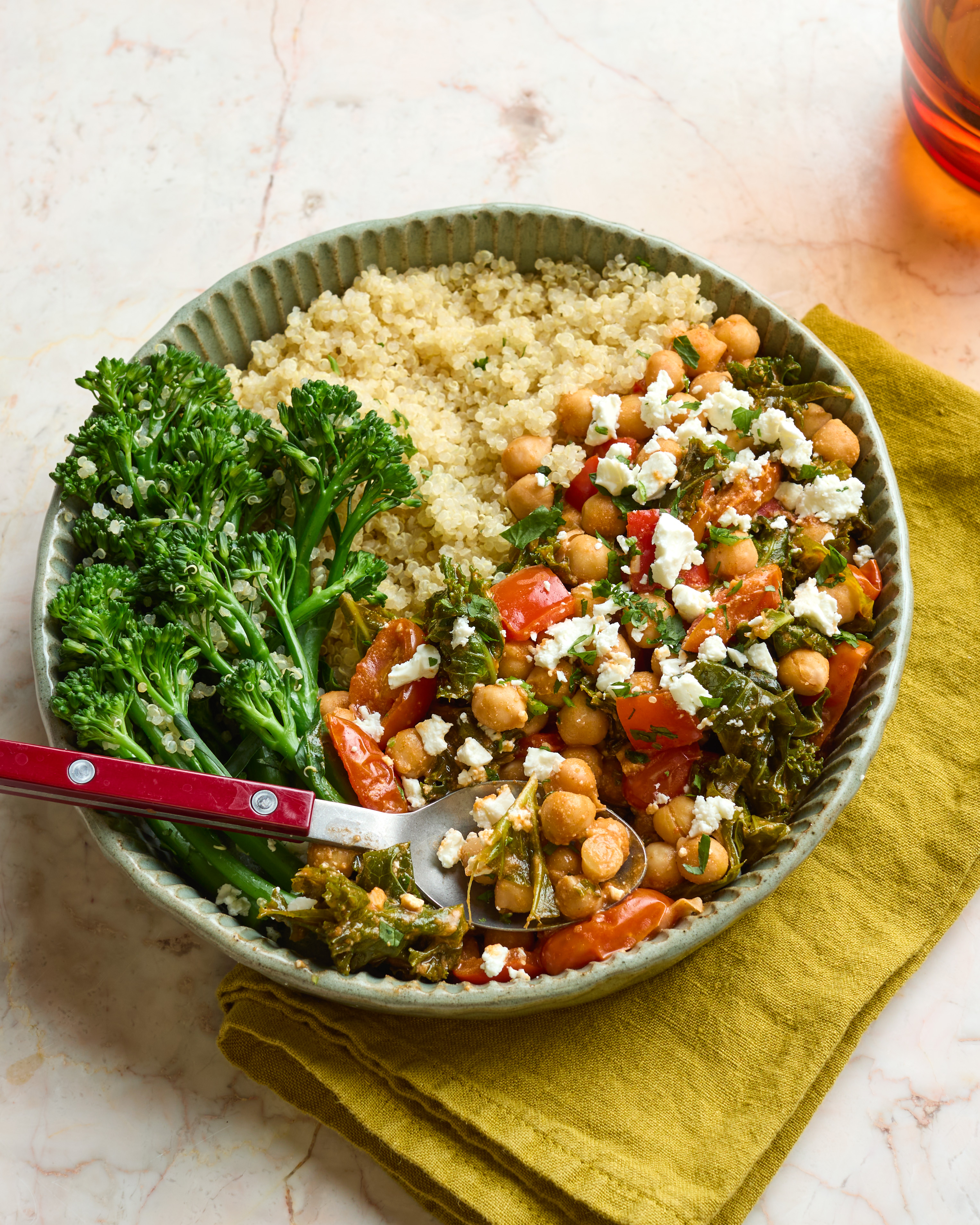Romesco-style Chickpea Bowl with Quinoa, Tenderstem Broccoli & Feta