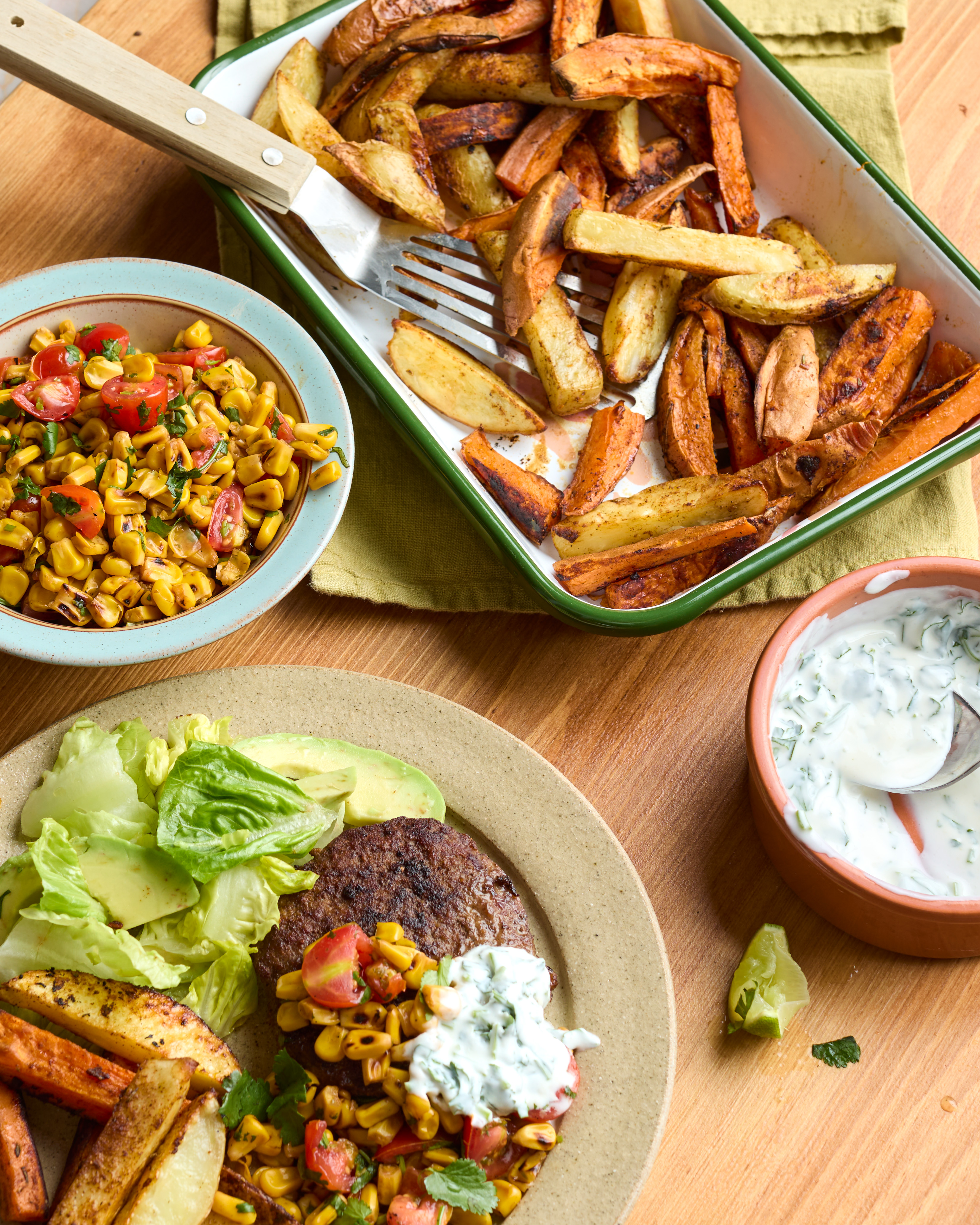 Mexican-style Beef Burgers with Mixed Potato Fries,, Charred Corn Salsa & Coriander Yoghurt