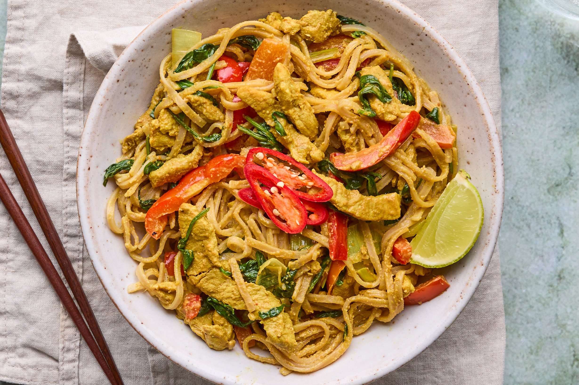 Turkey Katsu Curry with Brown Rice Noodles, Green Beans & Pickled Carrot