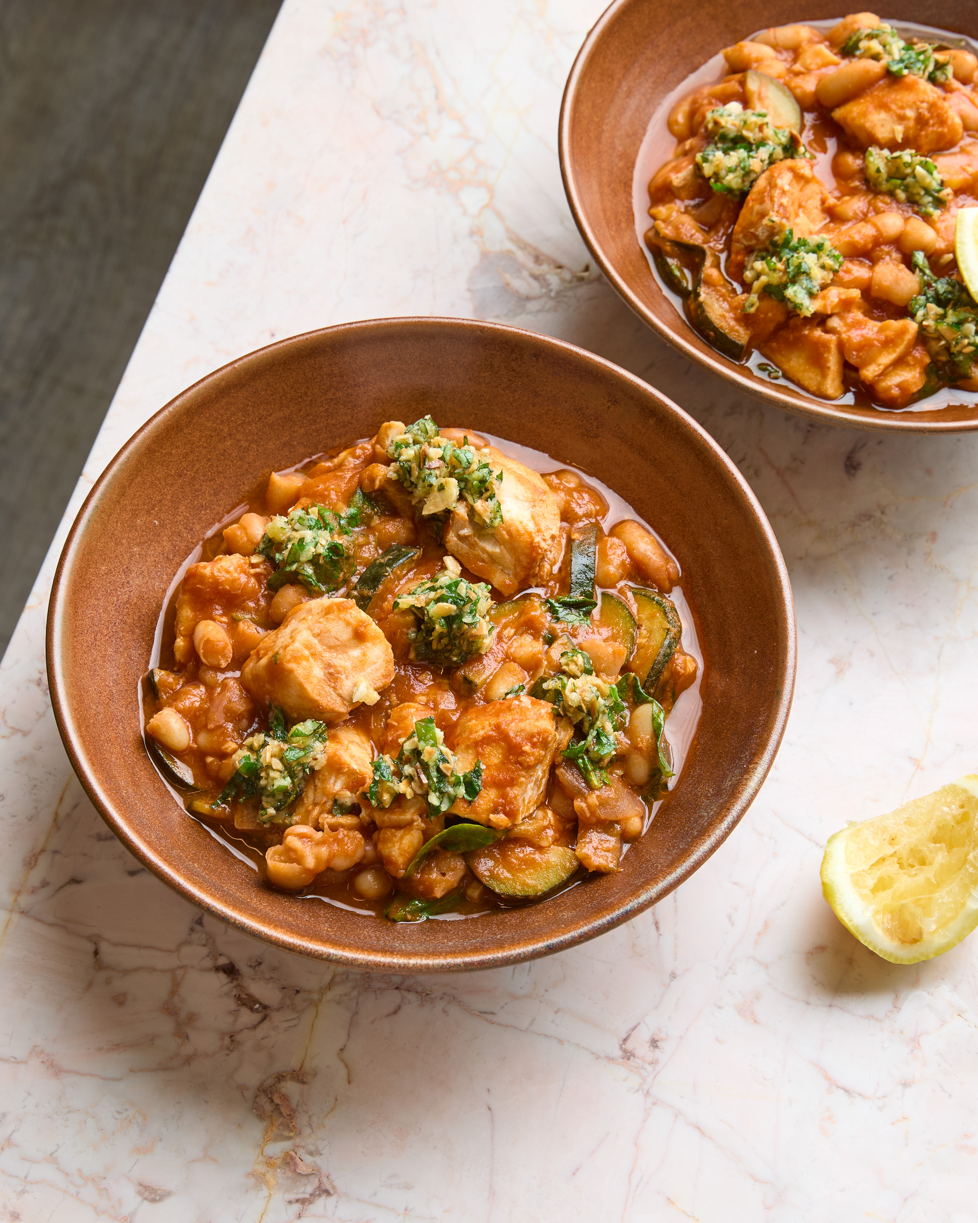 Mediterranean-style Cod Stew with Cannellini Beans & Almond Basil Pesto