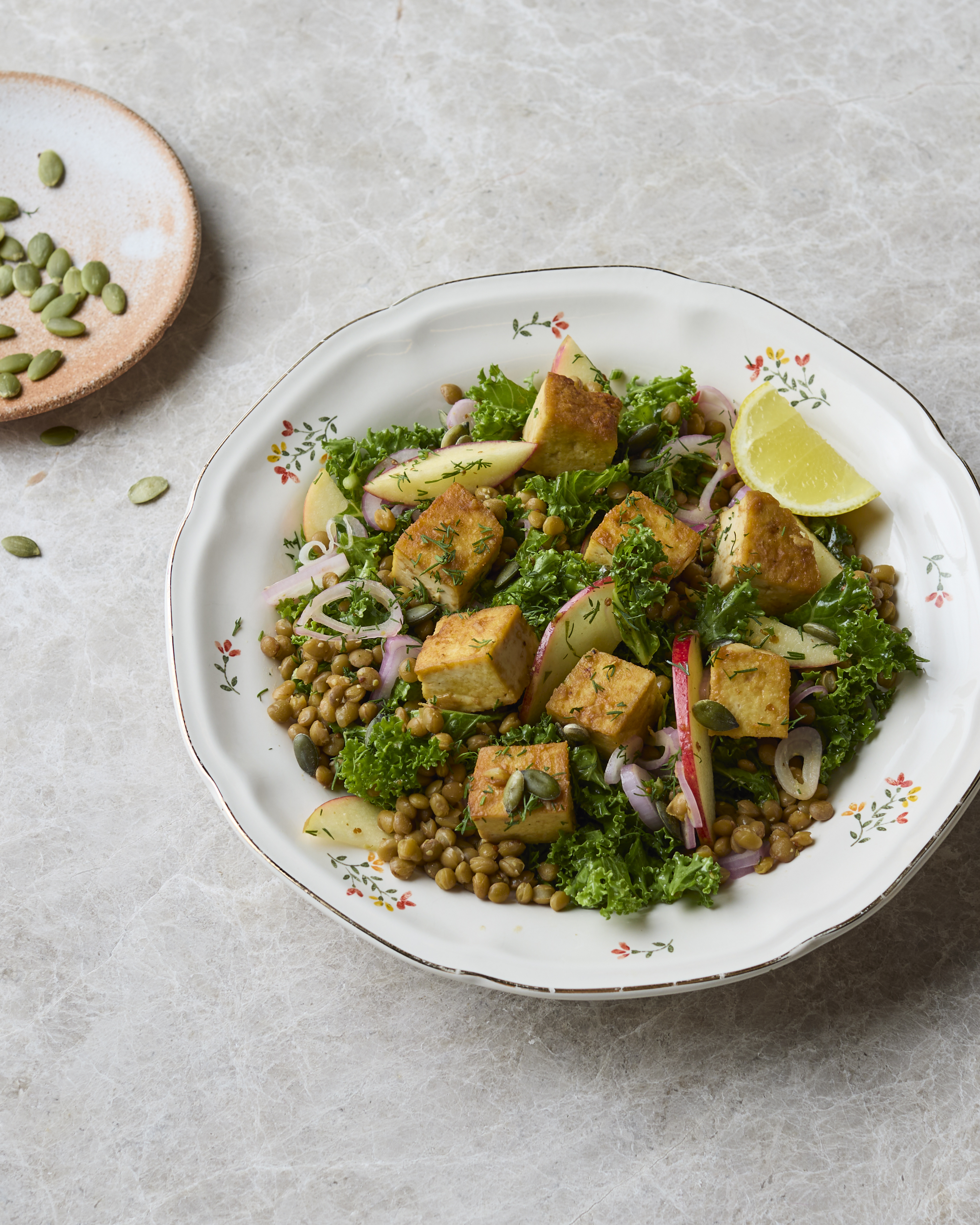Miso Maple Tofu with Mustardy Lentil, Kale & Apple Salad 