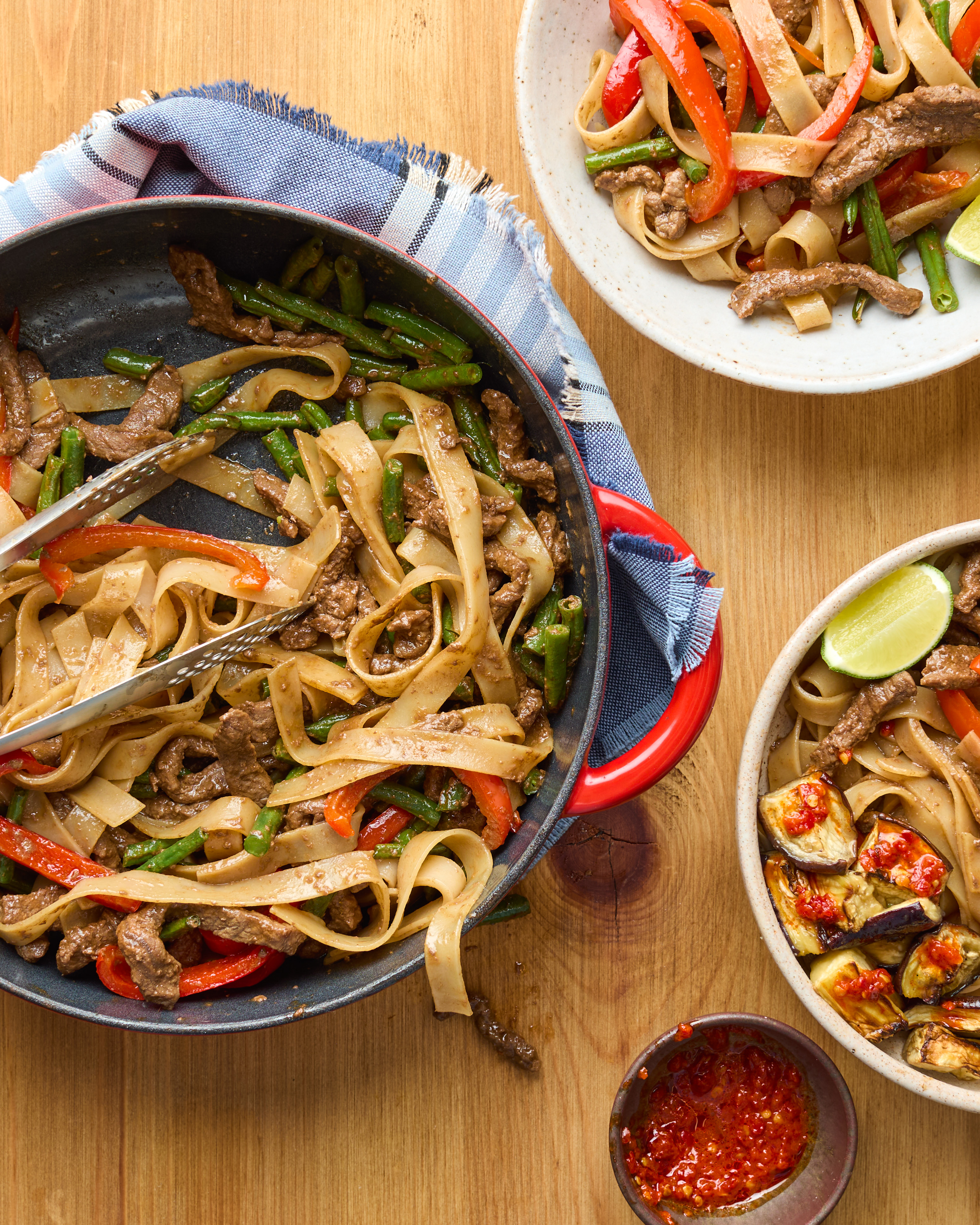 Sticky Teriyaki Beef with Brown Rice Noodles & Miso-glazed Aubergine 
