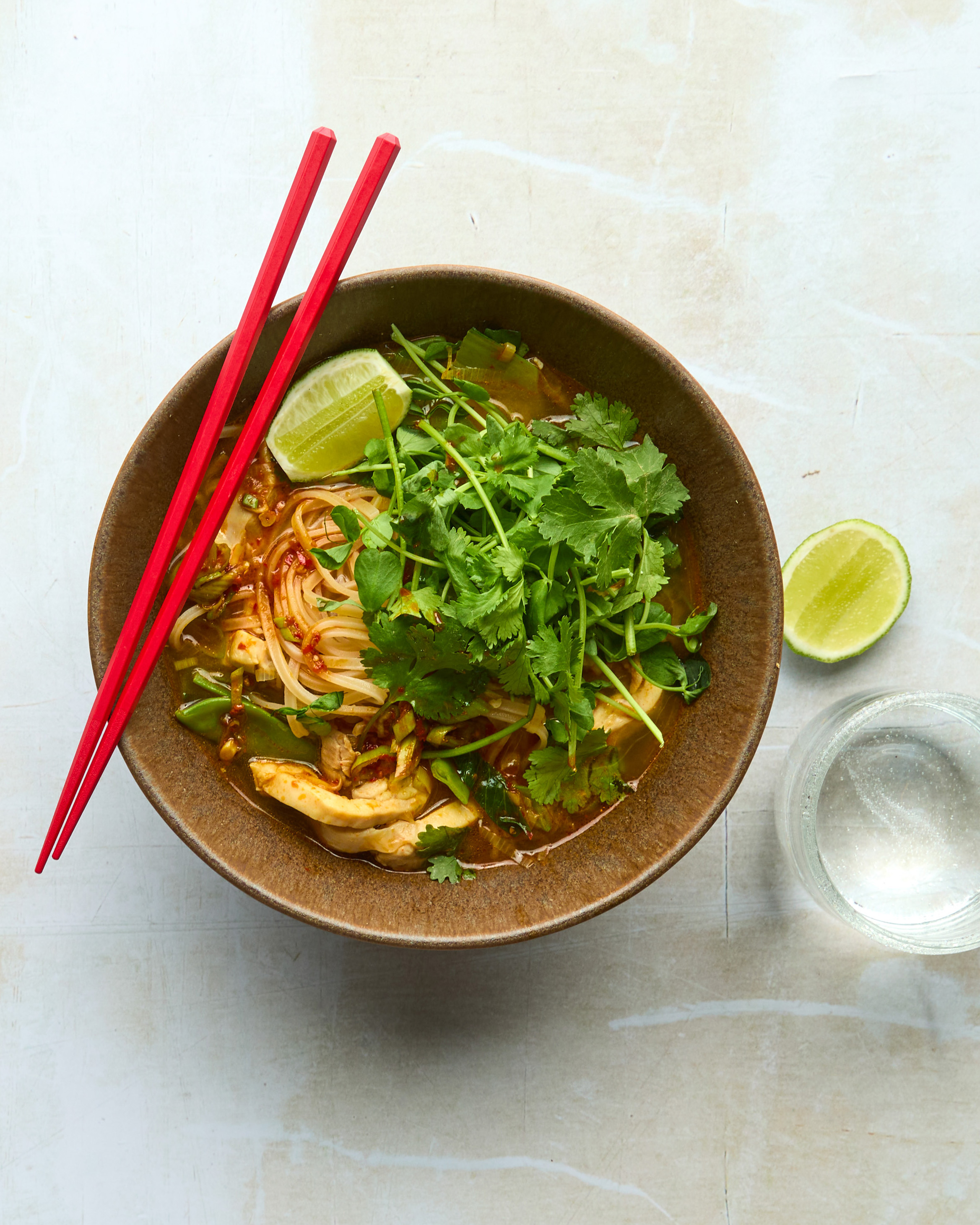 Tiger Prawn Noodle Soup with Brown Rice Noodles, Green Beans & Lemongrass
