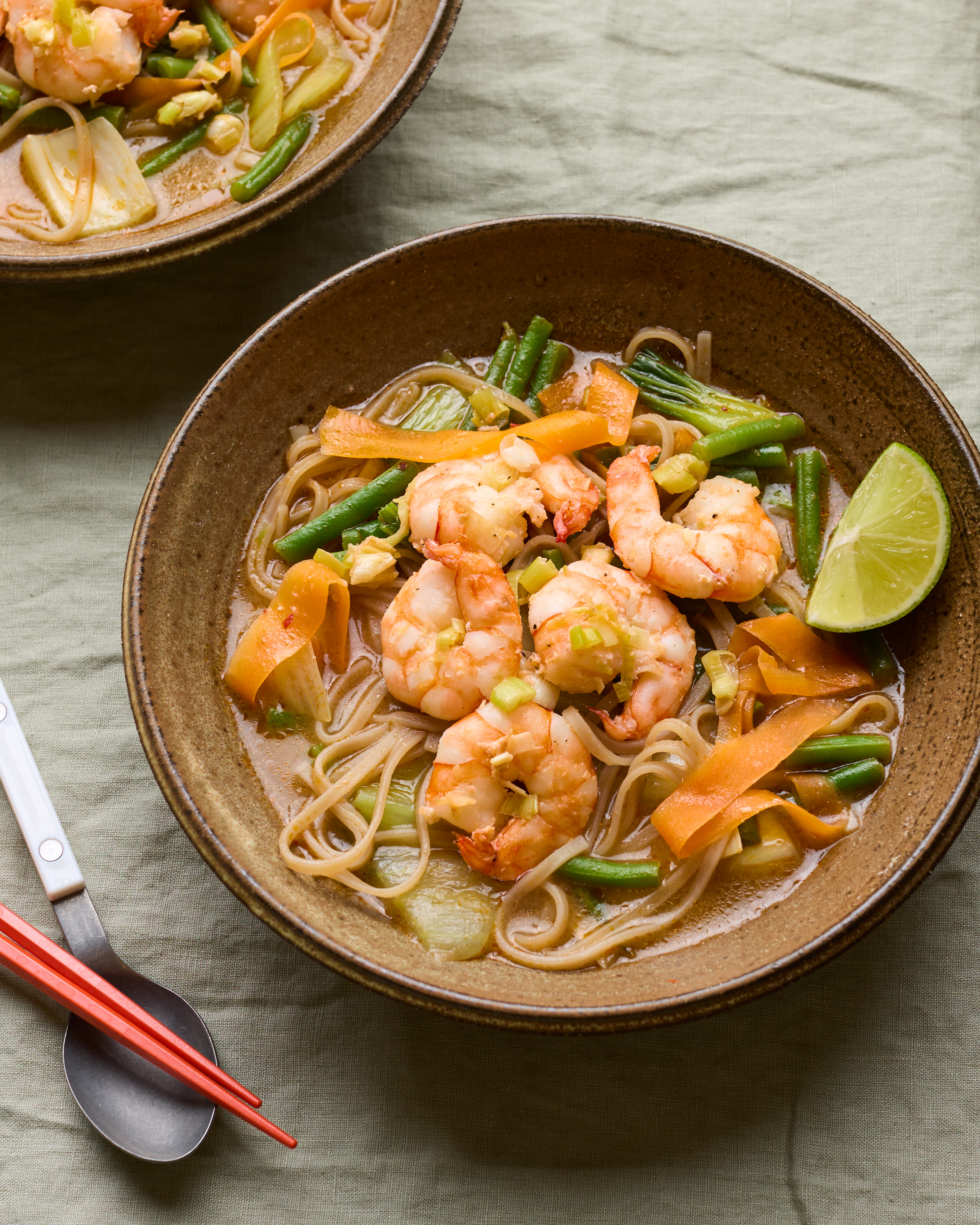 Tiger Prawn Noodle Soup with Brown Rice Noodles, Green Beans & Lemongrass