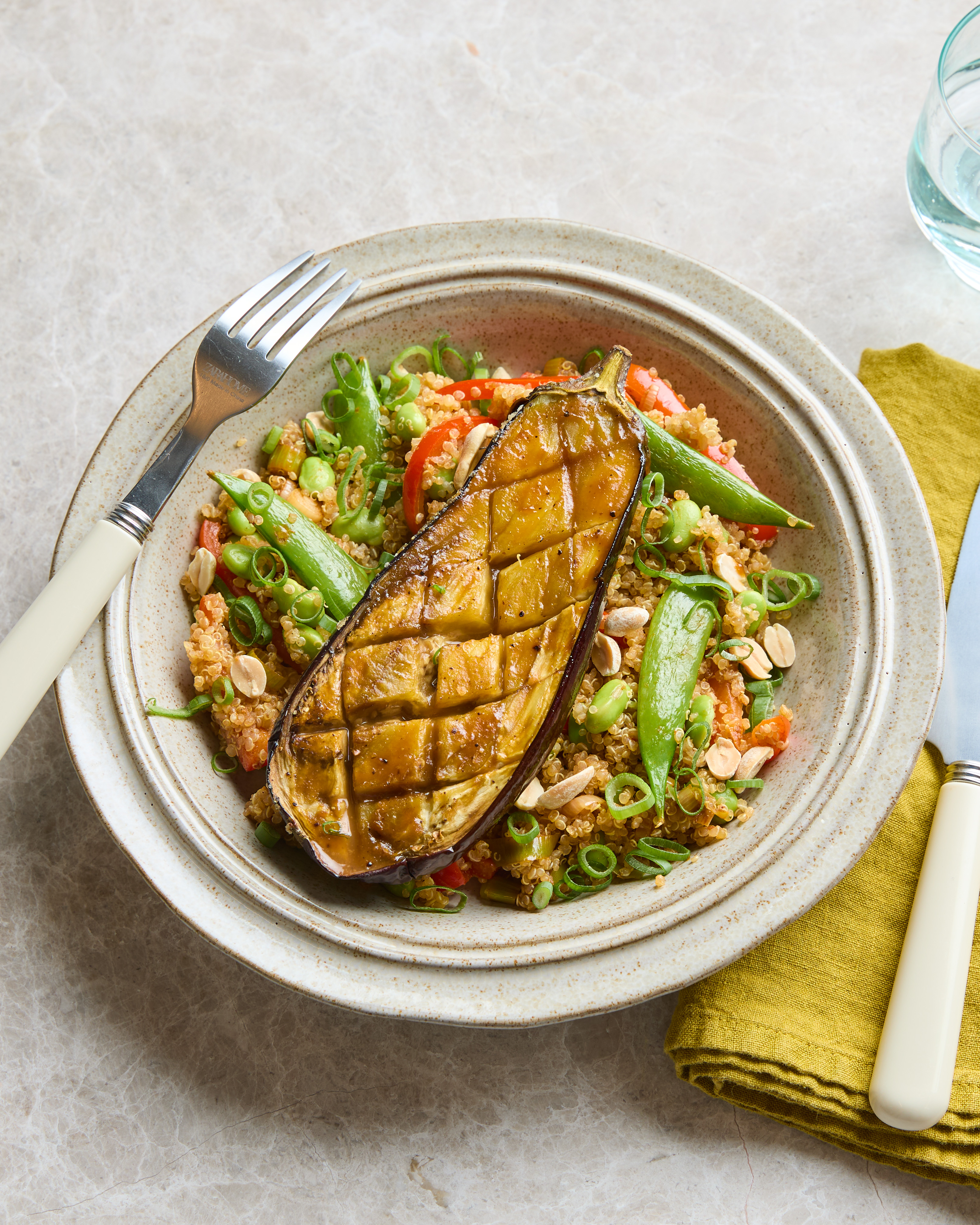 Sticky Miso Aubergine With Veggie Fried Quinoa & Peanuts