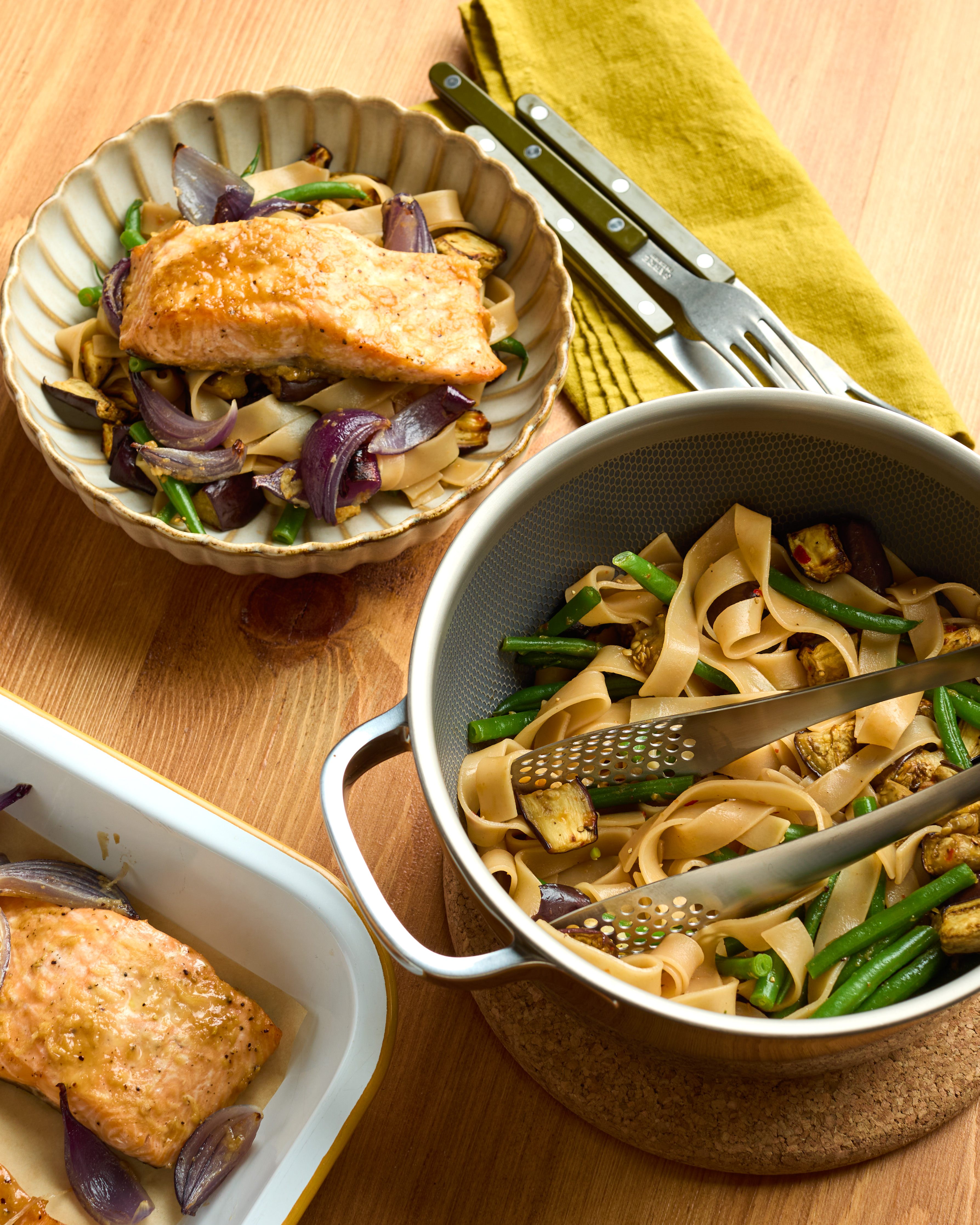 Miso Salmon & Aubergine Traybake with Brown Rice Noodles 