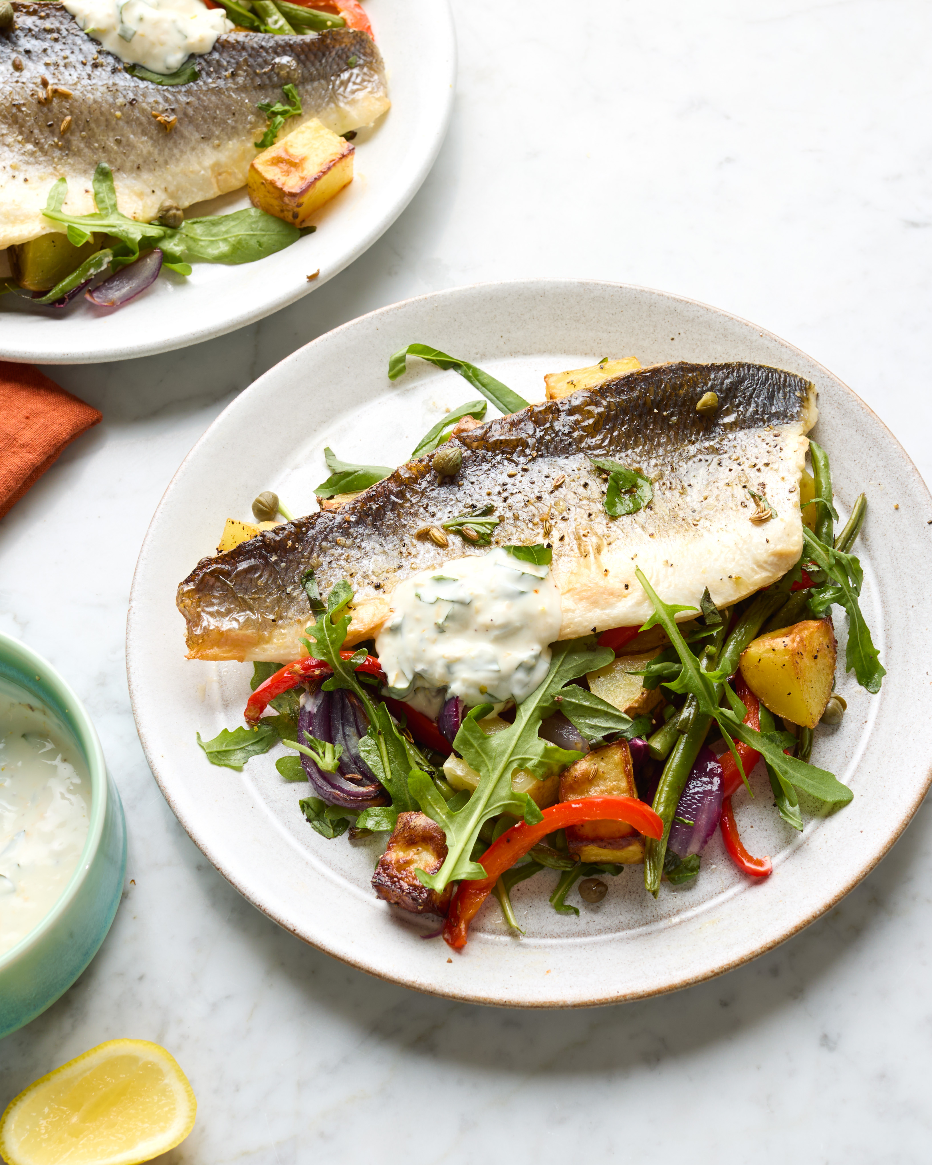 Sea Bass Traybake with Roast Potatoes, Fennel Seeds & Lemon Yoghurt