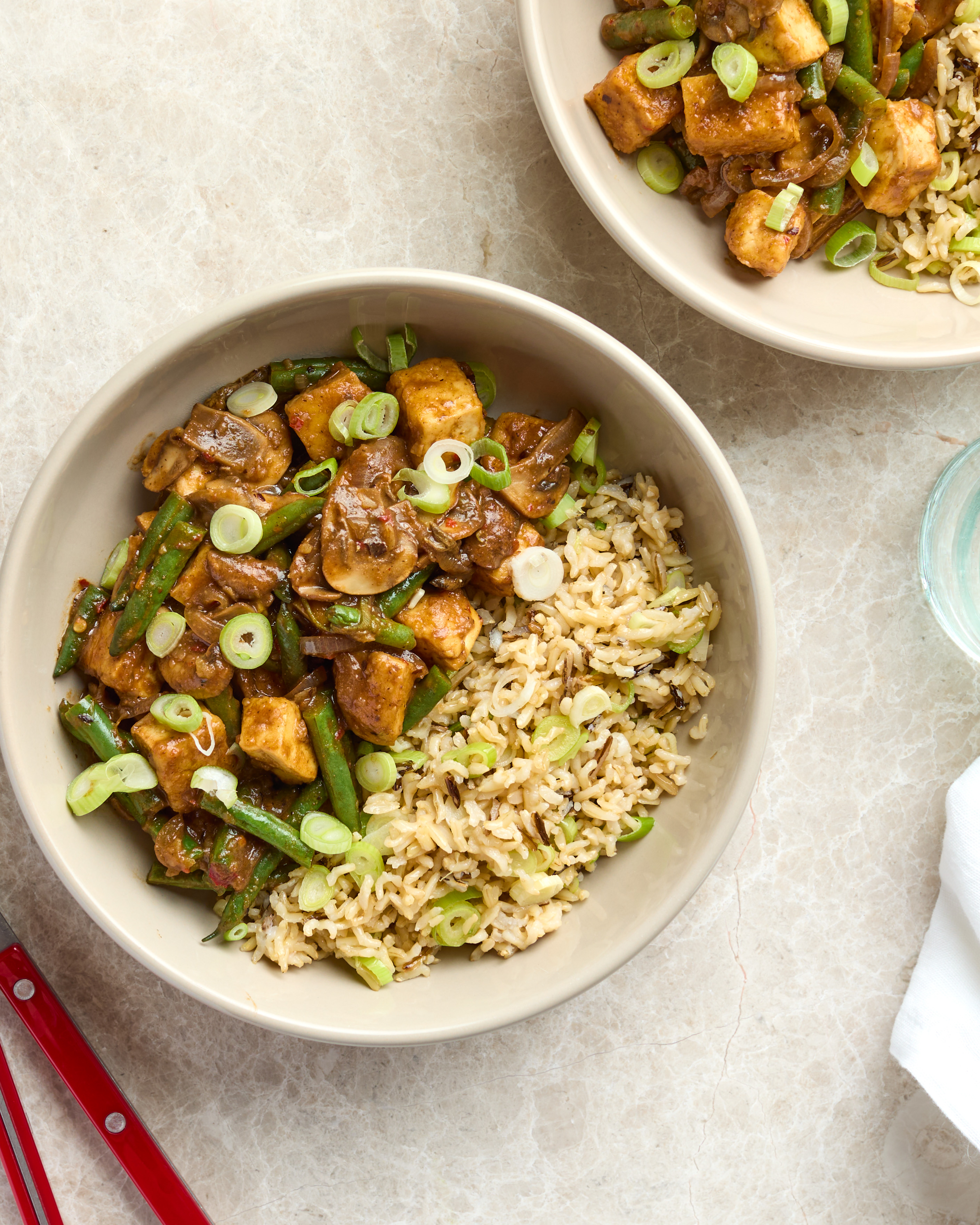Mapo-style Tofu with Green Bean Brown Rice & Porcini Mushrooms