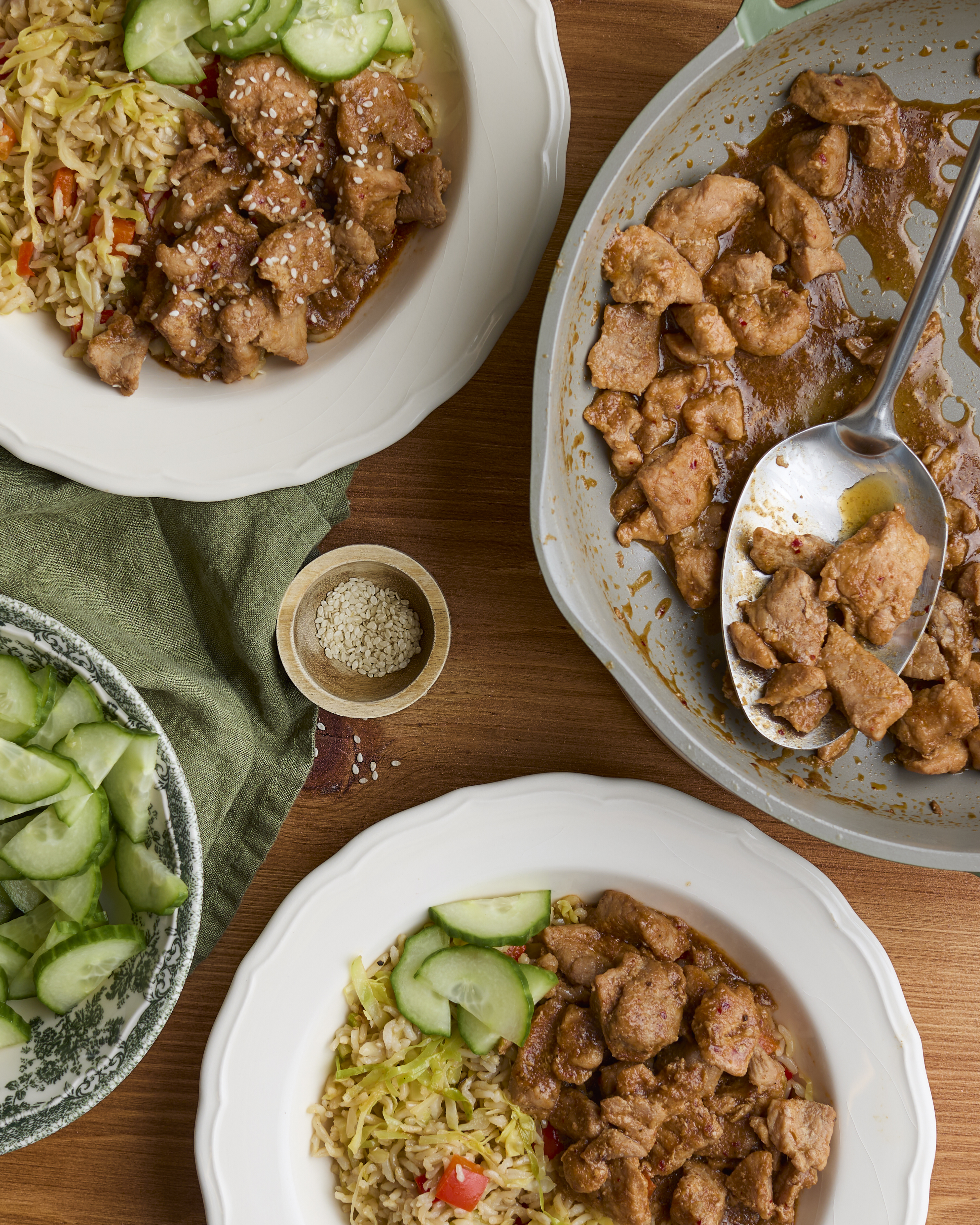 Sticky Char Siu-style Pork with Veggie Fried Rice & Pickled Cucumber