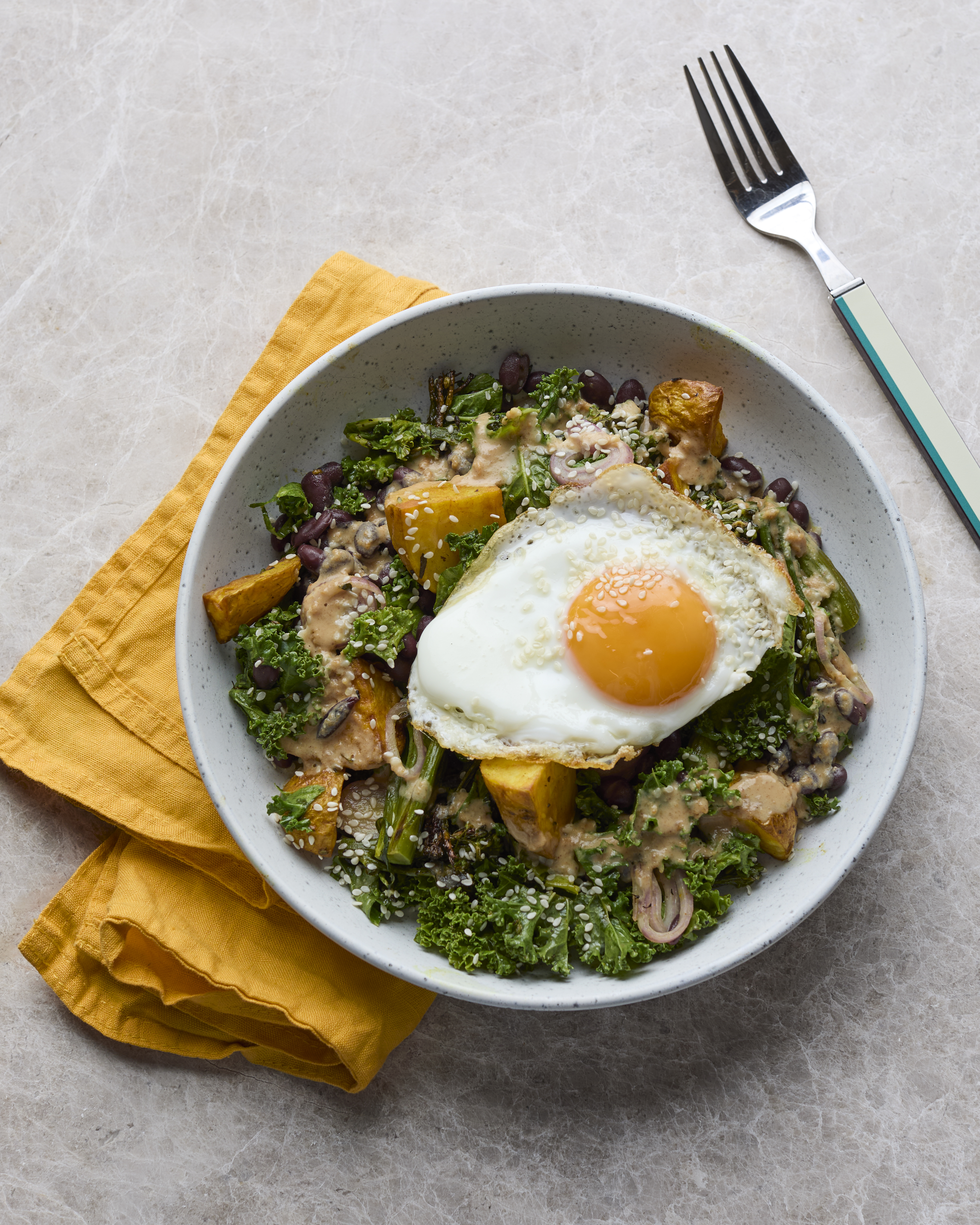 Gado Gado-style Bean Salad with Turmeric Roast Potato, Peanut Dressing & Fried Egg