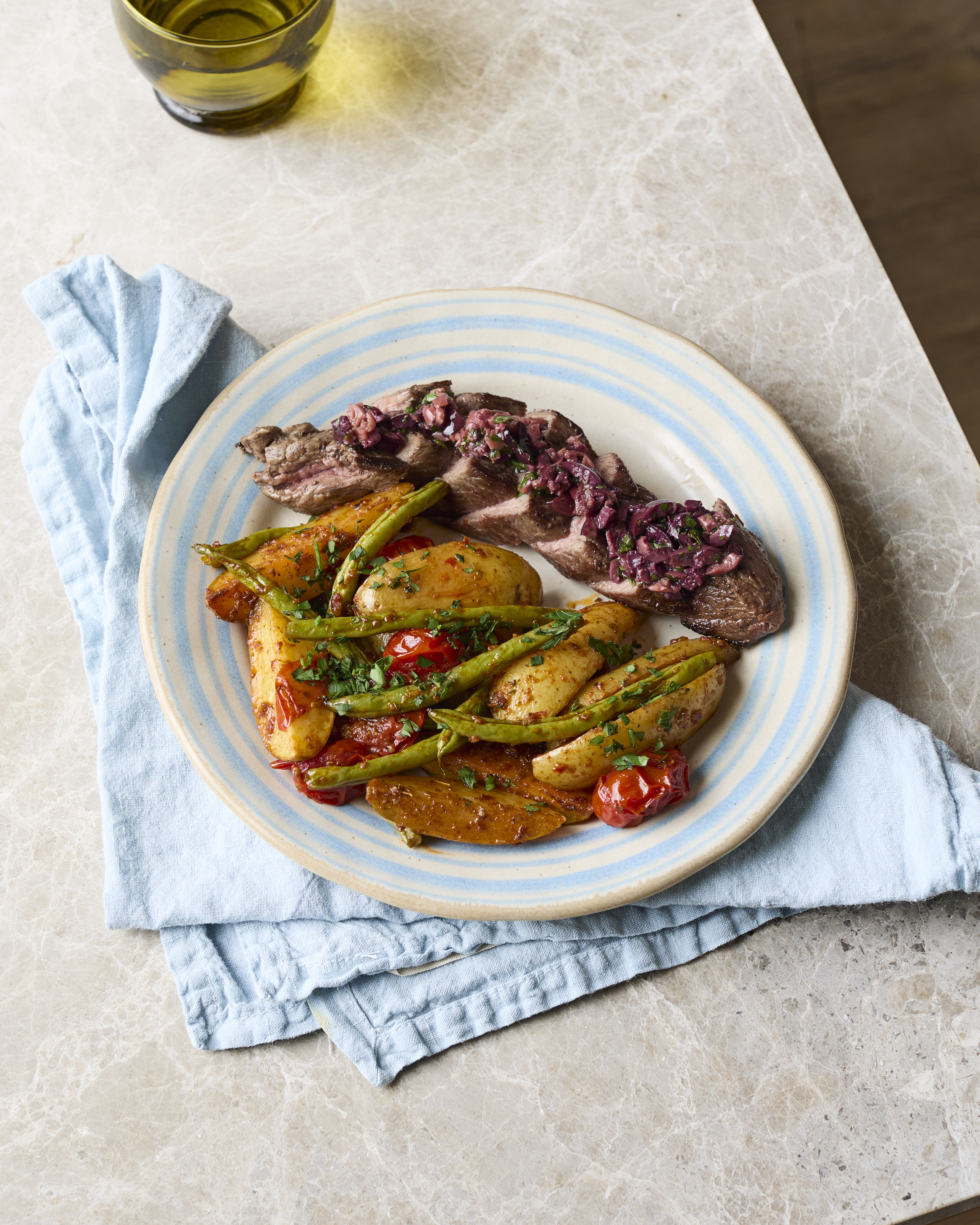 Pan-fried Denver Steaks with Smoky Roast Potatoes, Green Beans & Olive Salsa Verde