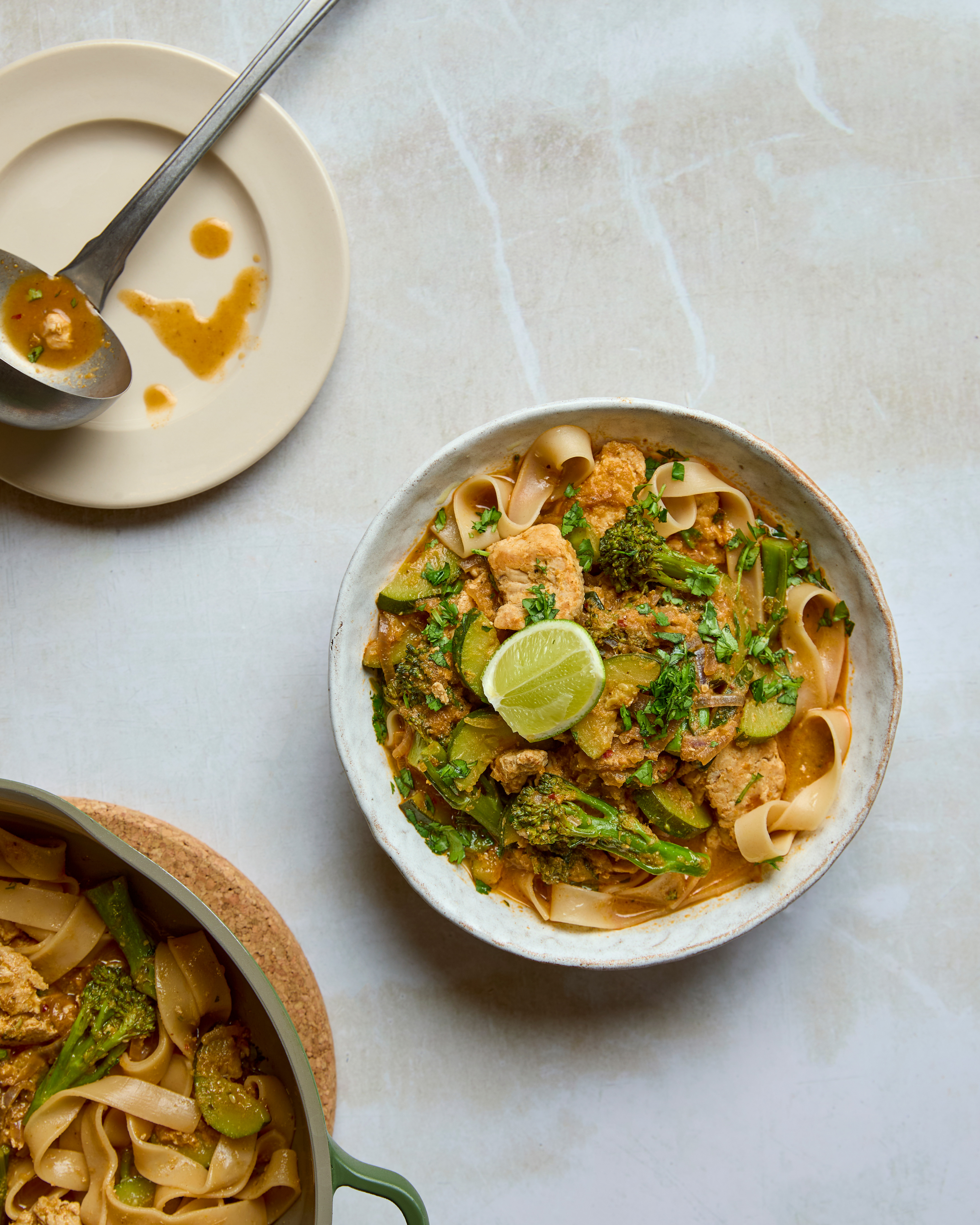 Thai Red Turkey Soup with Wide Brown Rice Noodles & Tenderstem Broccoli