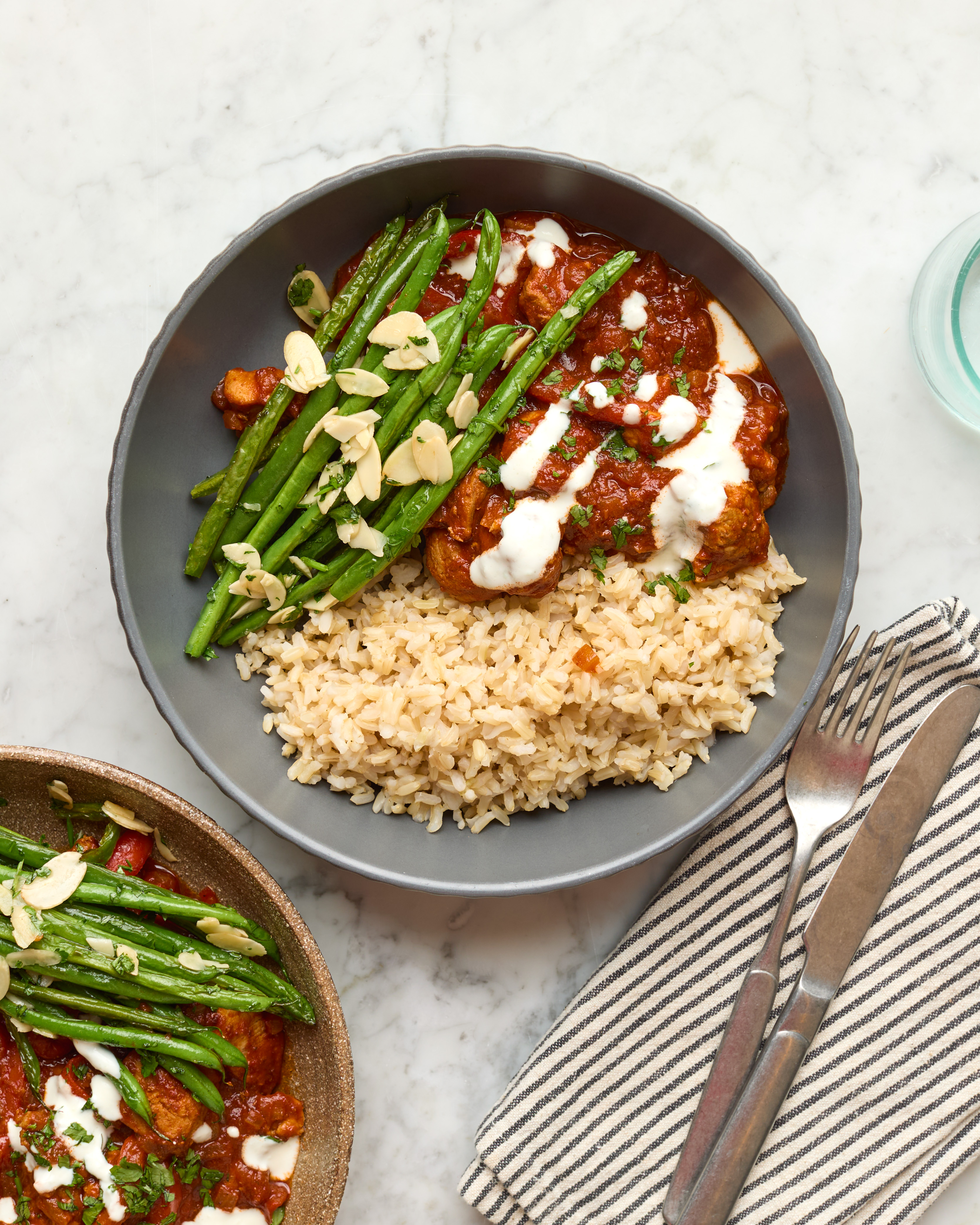 Smoky Pork Stew with Brown Rice, Garlic Yoghurt & Almond Green Beans