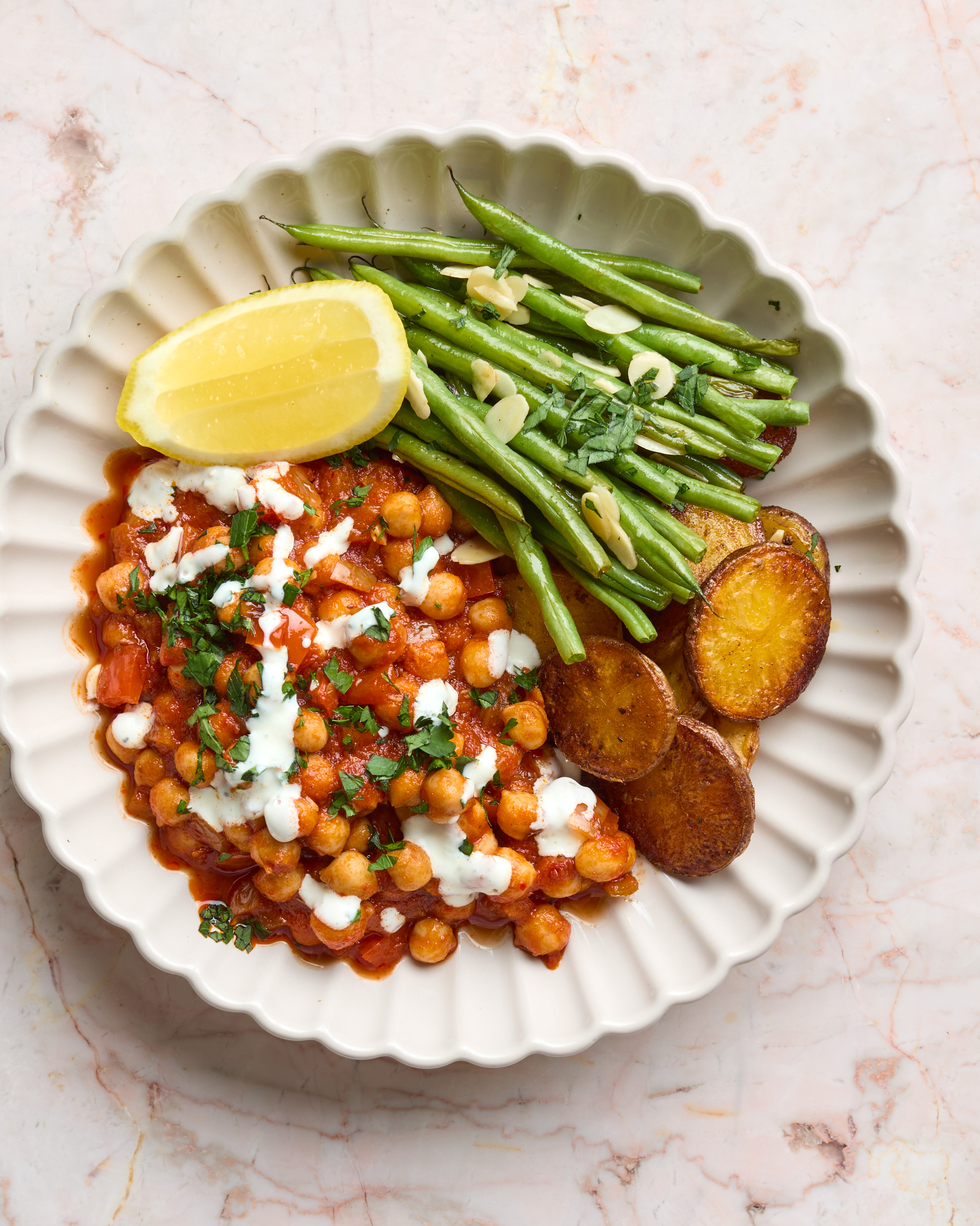 Spanish-style Chickpea Stew with Roast Potatoes, Ve'duja & Almond Green Beans