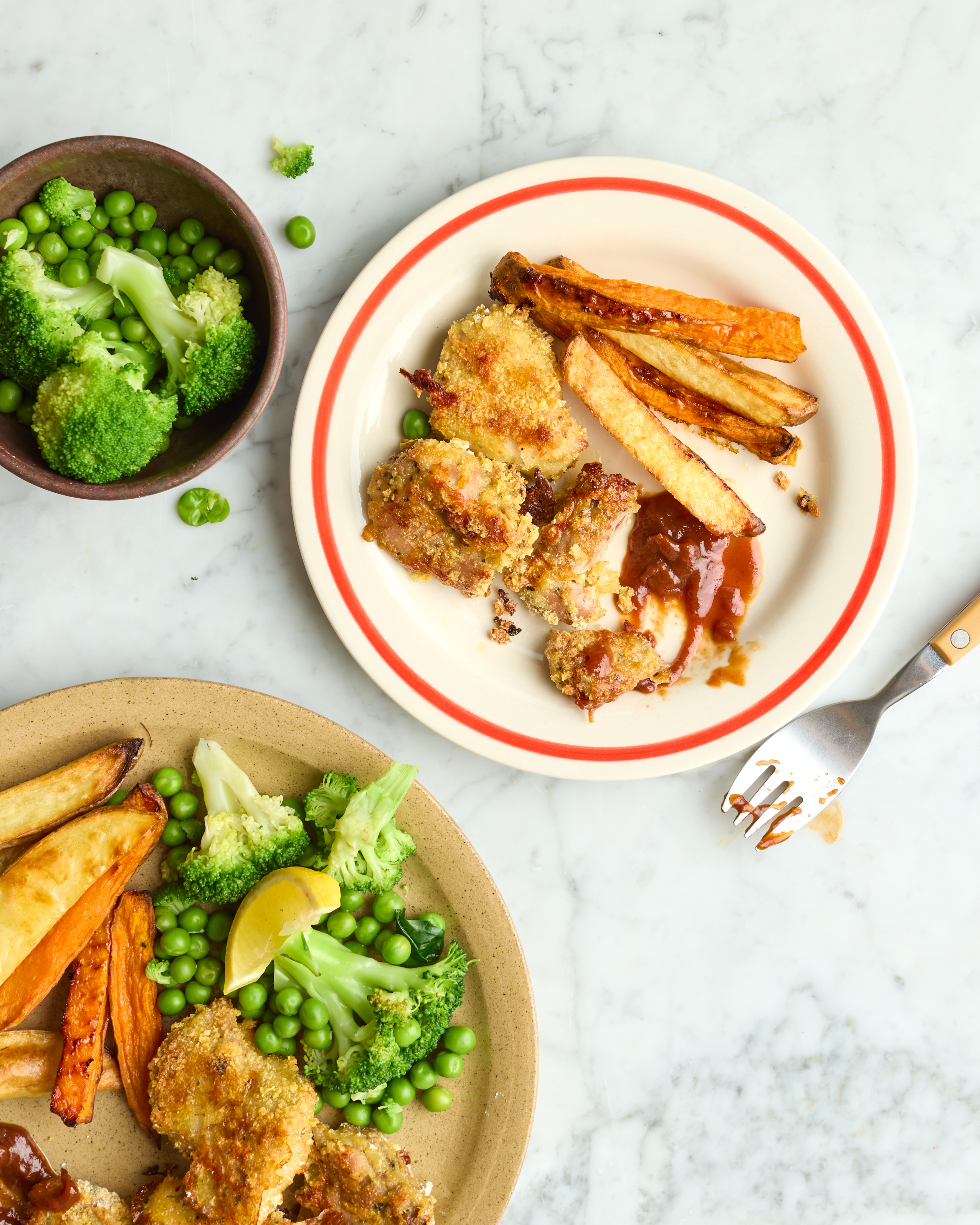 Crispy Chicken Thigh Nuggets with Mixed Potato Chips, Greens & Ketchup